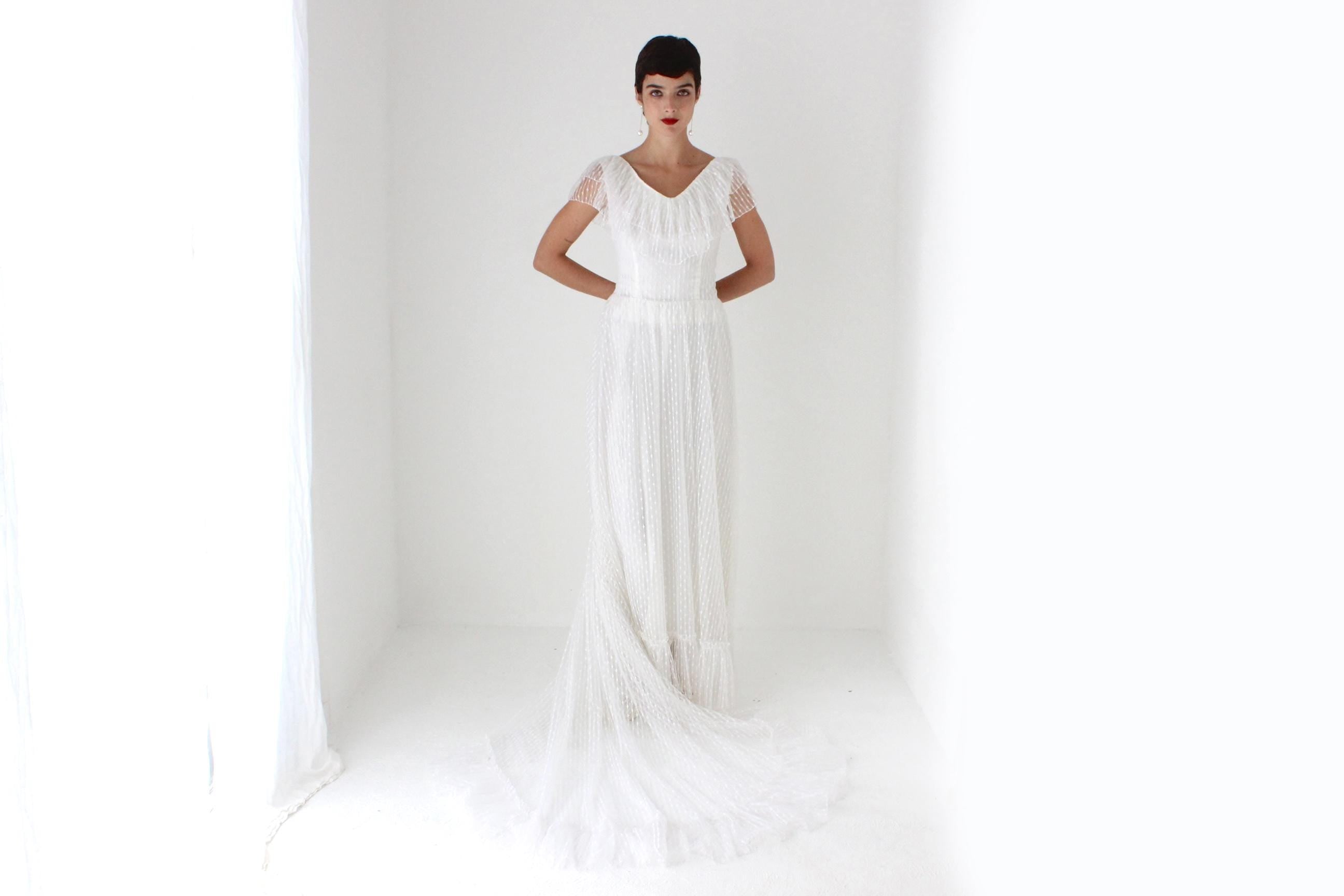 Romantic 70s Lace Flutter Ruffle Wedding Gown w/ Train