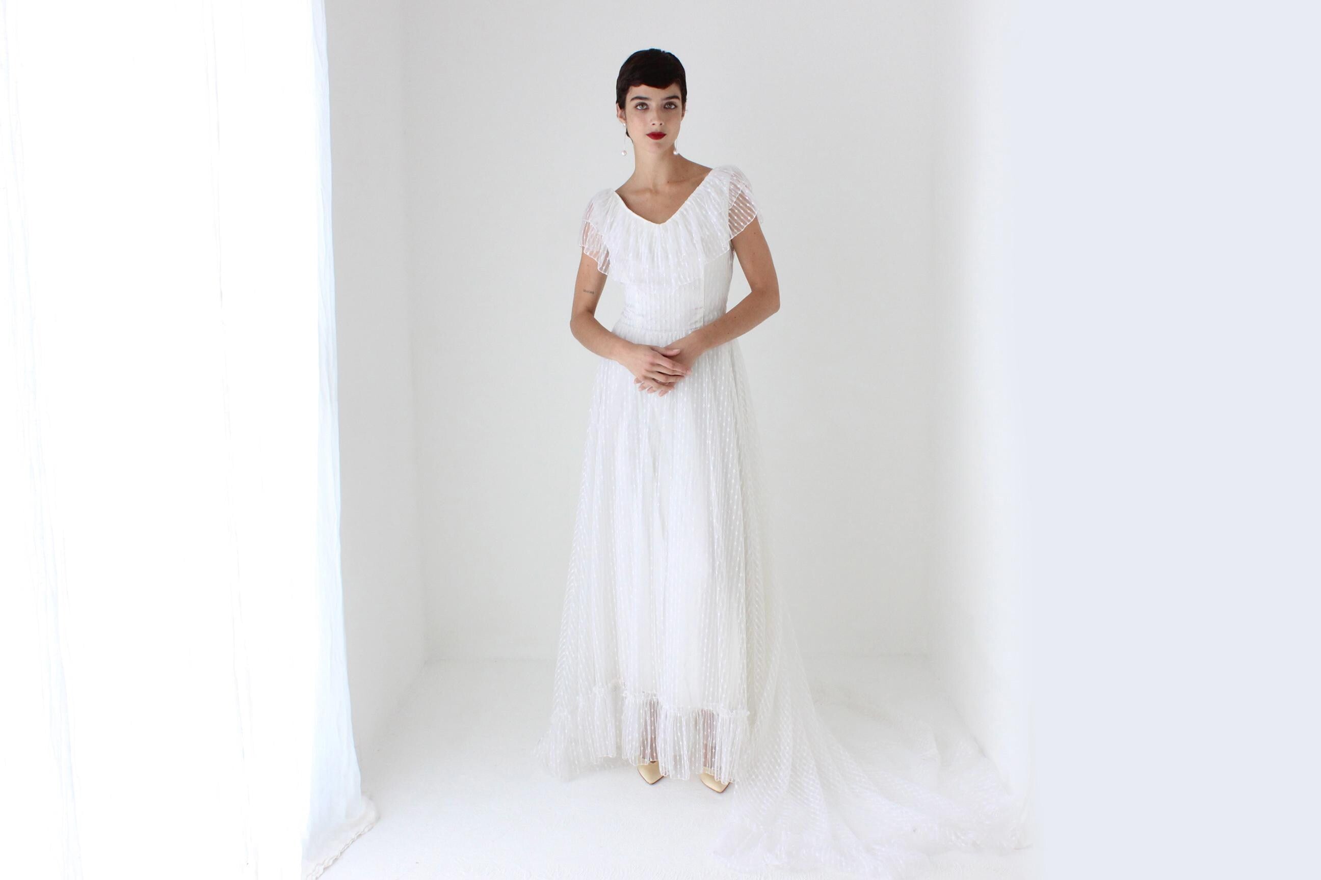 Romantic 70s Lace Flutter Ruffle Wedding Gown w/ Train