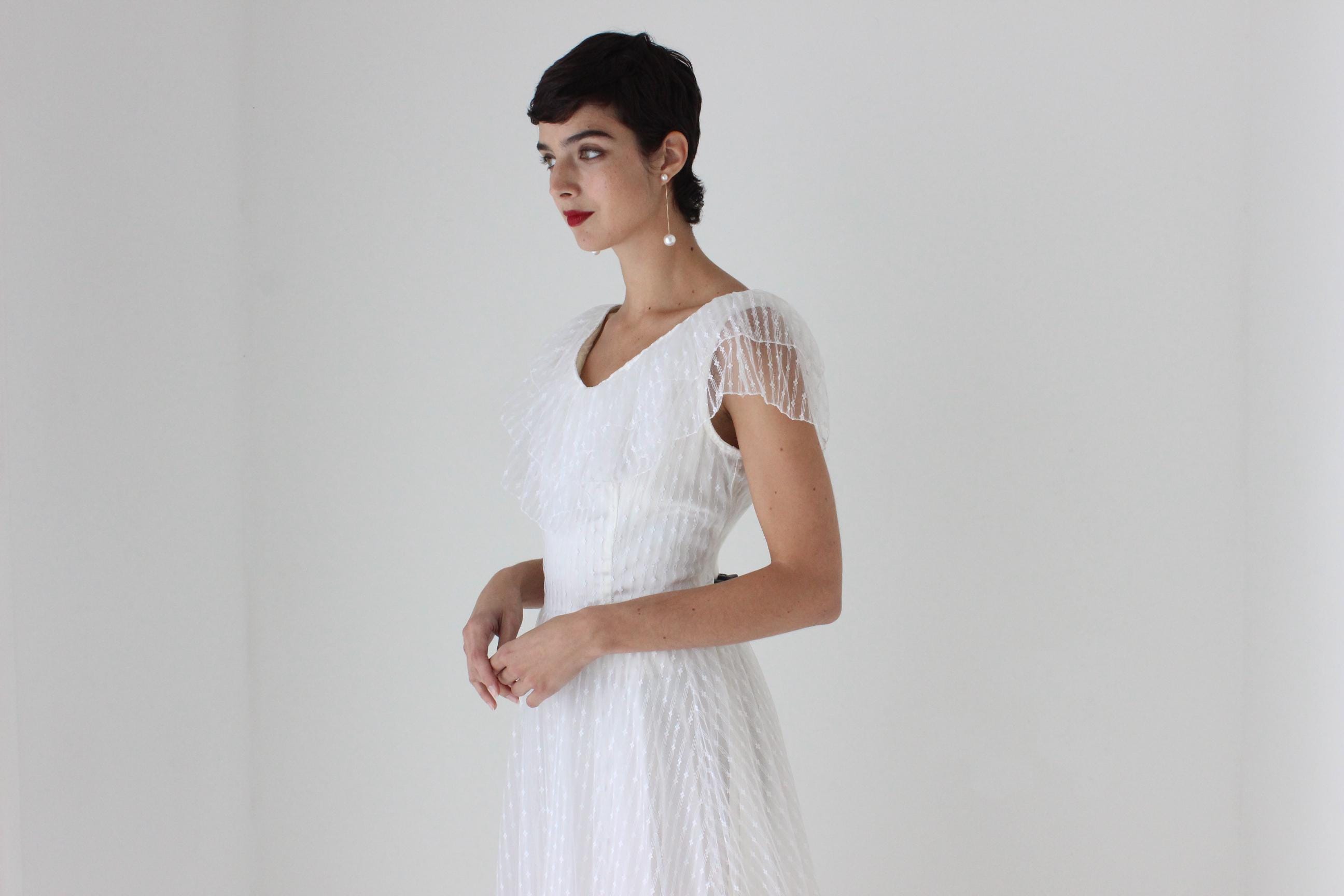 Romantic 70s Lace Flutter Ruffle Wedding Gown w/ Train