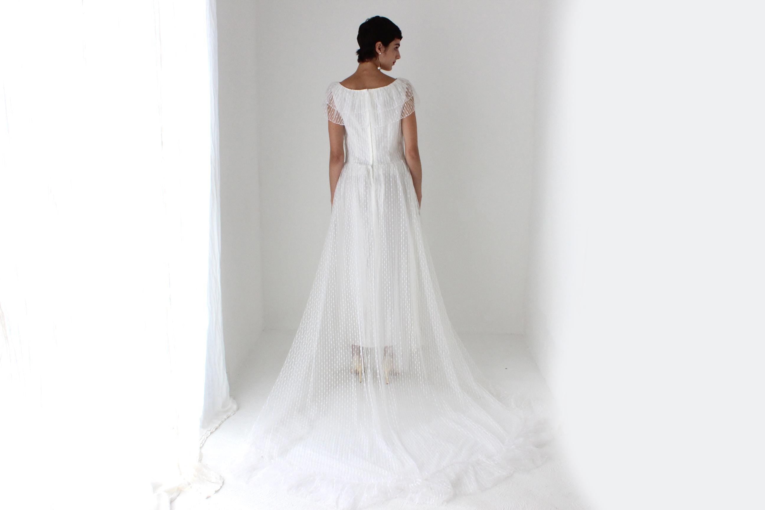 Romantic 70s Lace Flutter Ruffle Wedding Gown w/ Train