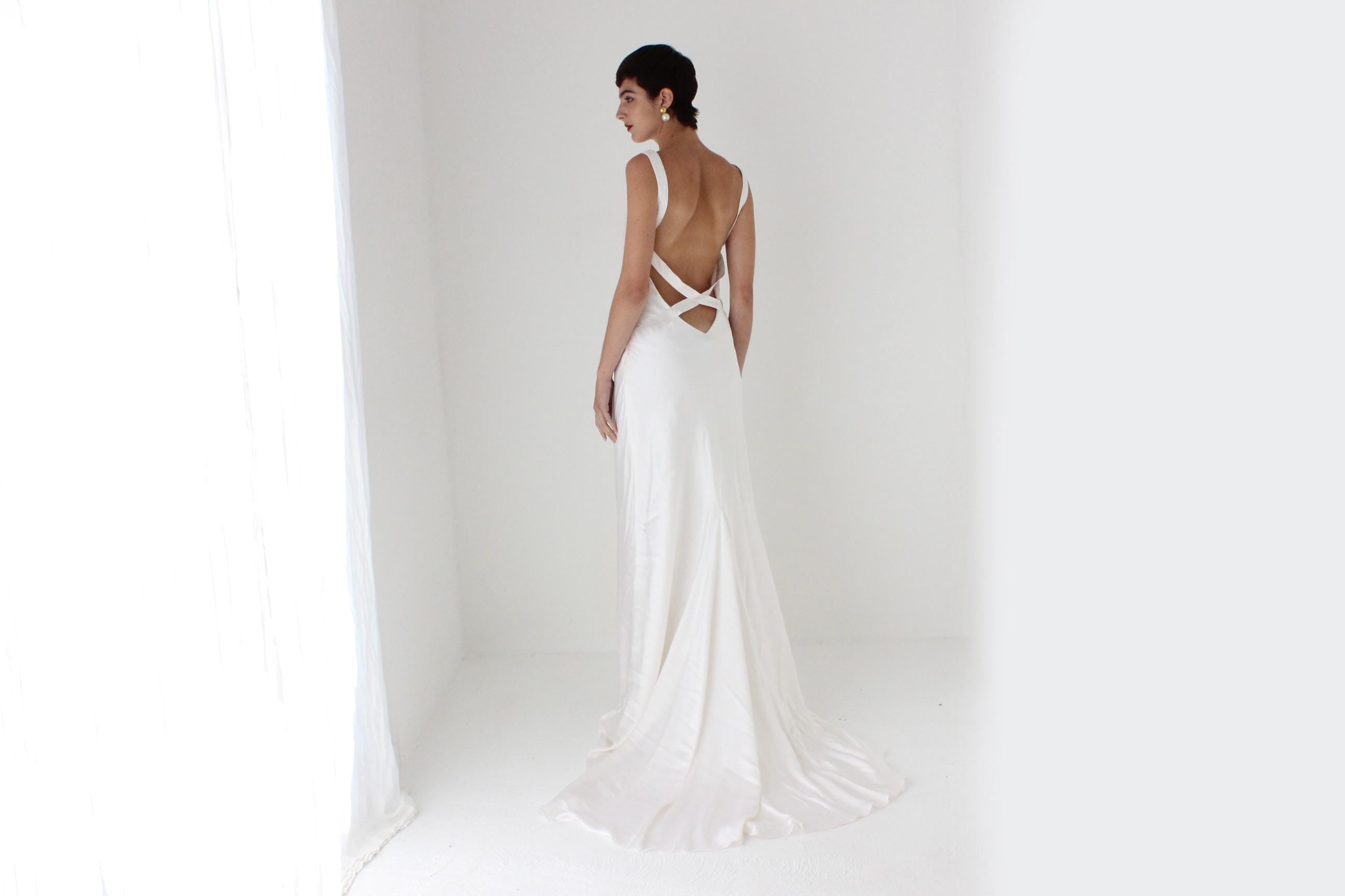 2000s Pure Silk Bias Cut Backless Wedding Dress w/ Train & Matching Shawl