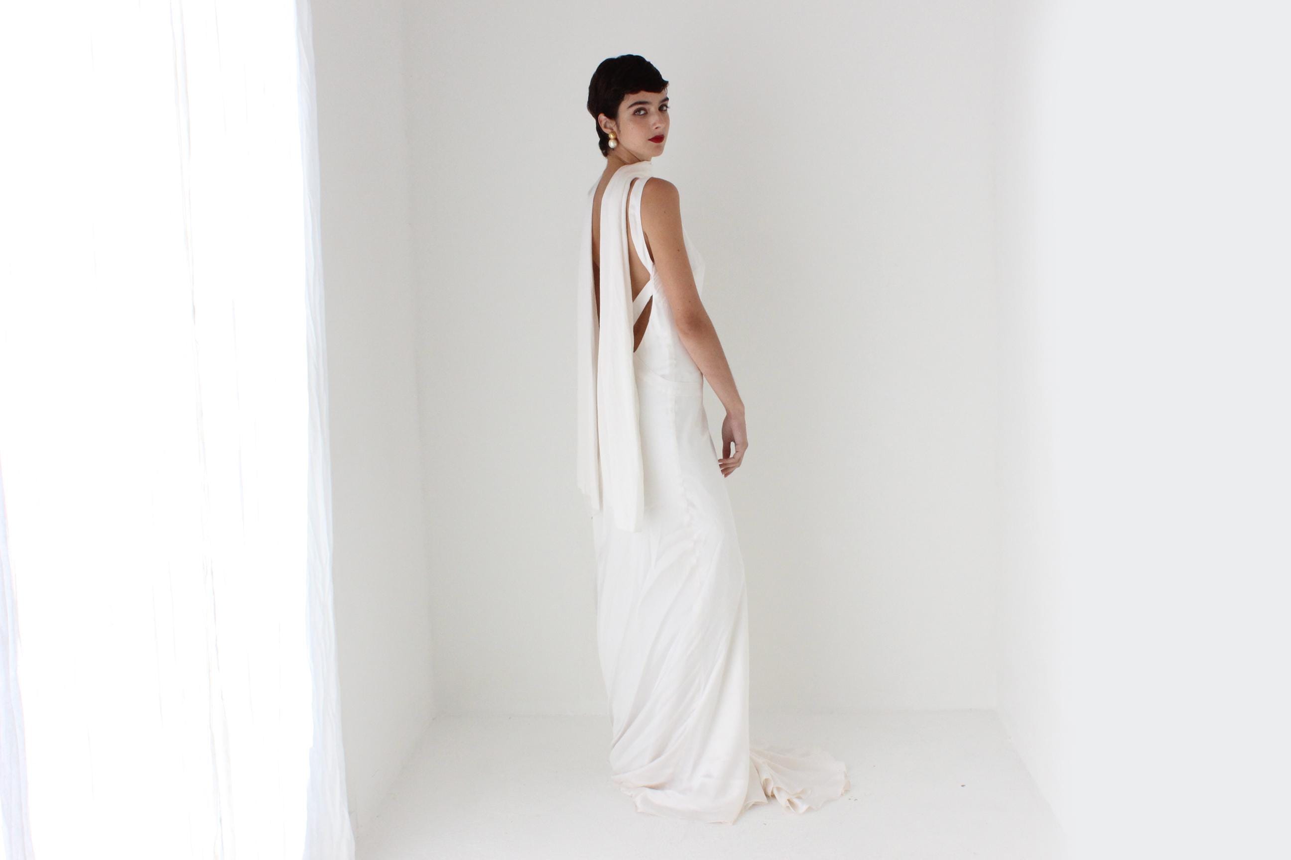 2000s Pure Silk Bias Cut Backless Wedding Dress w/ Train & Matching Shawl