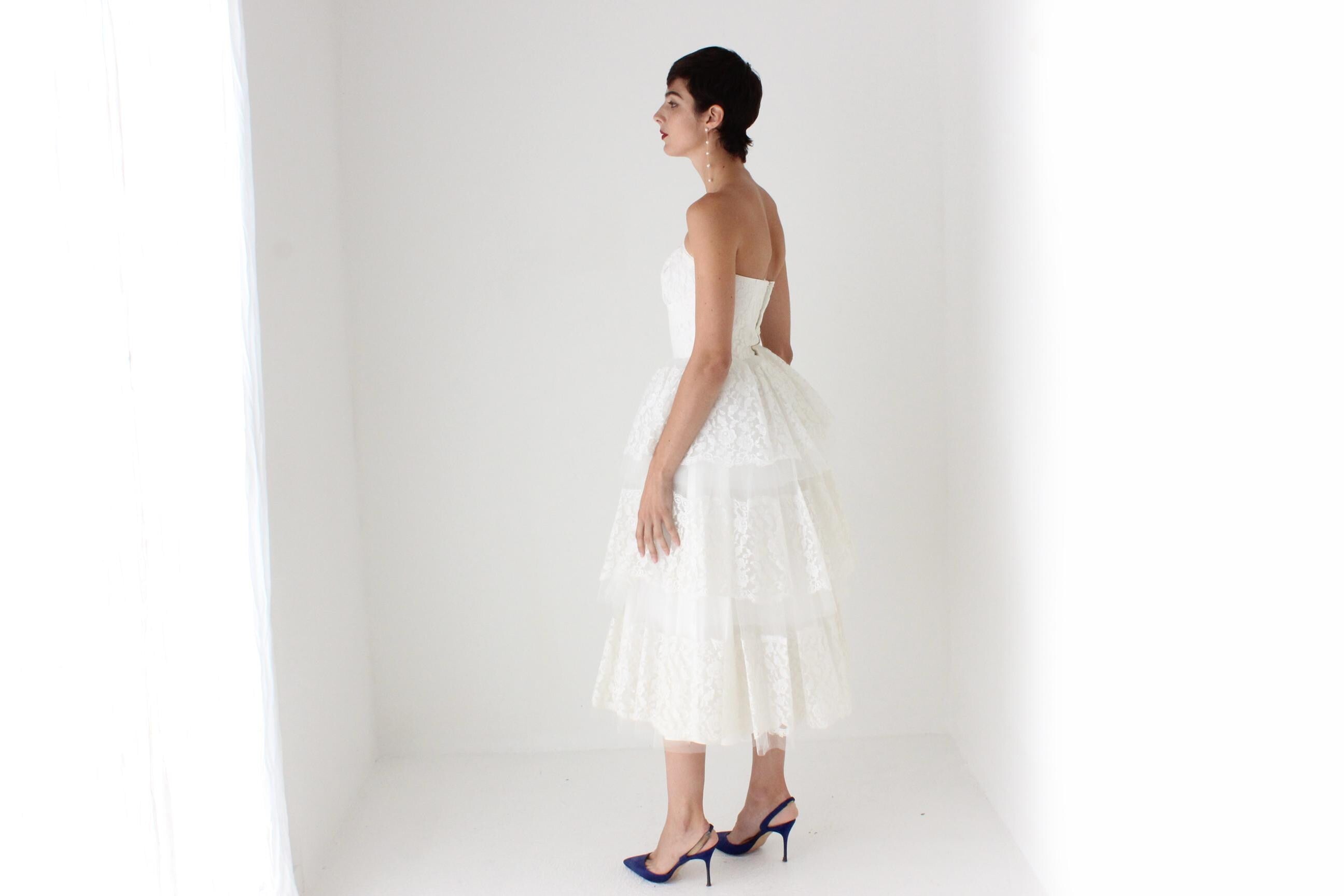 50s Tiered Lace & Tulle Sculptural Strapless Dress