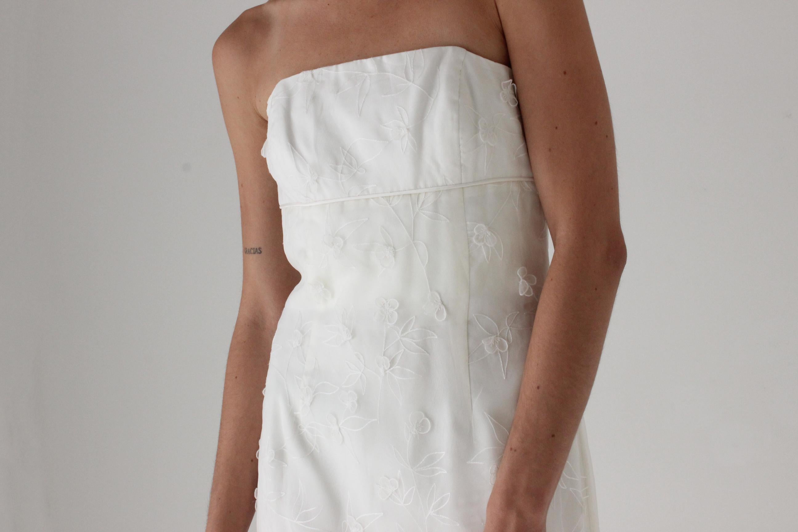 2000s Nicole Miller Silk Organza Strapless Column Gown w/ 3D Flowers