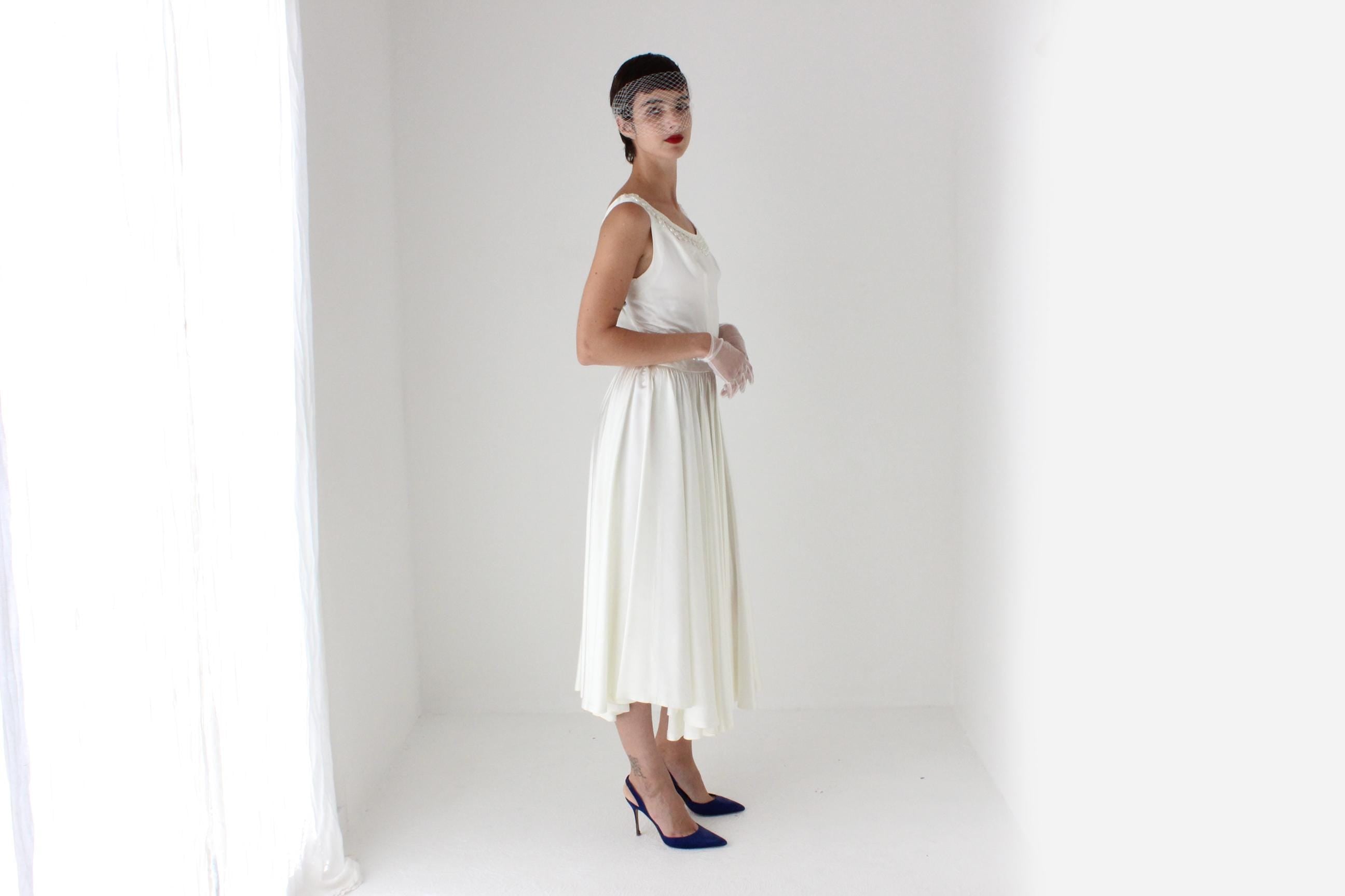 80s Does 50s Satin Full Circle Skirt Dress w/ Pearls