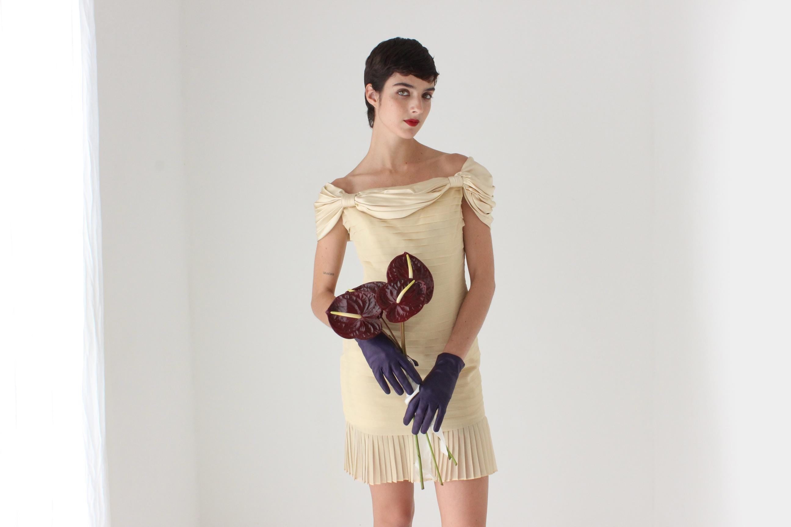 90s Roland Nivelais Textural Silk Draped Goddess Mini