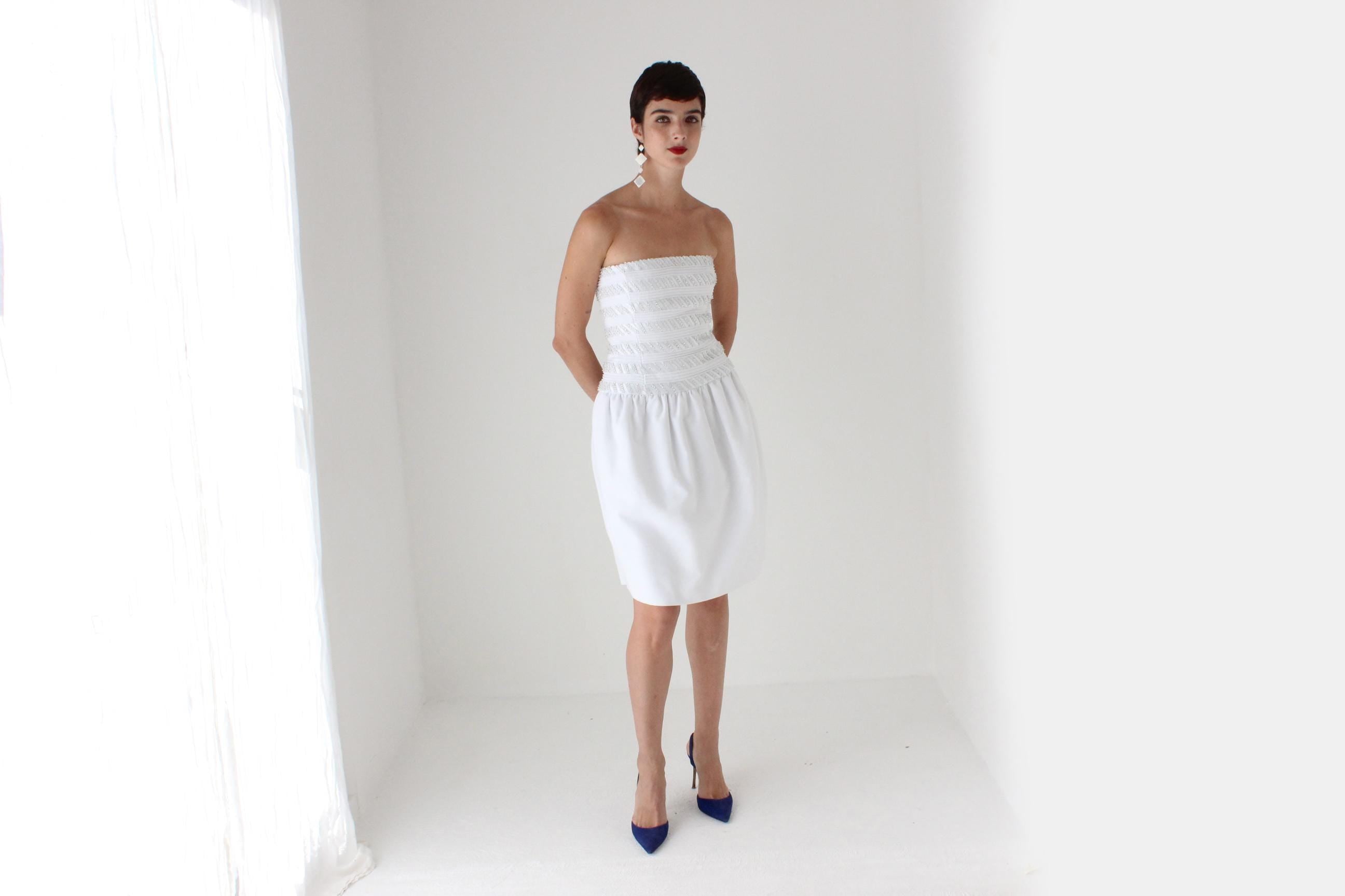 80s Victoria Royal Textured Cotton & Detailed Beading Drop Waist Strapless Cocktail Dress