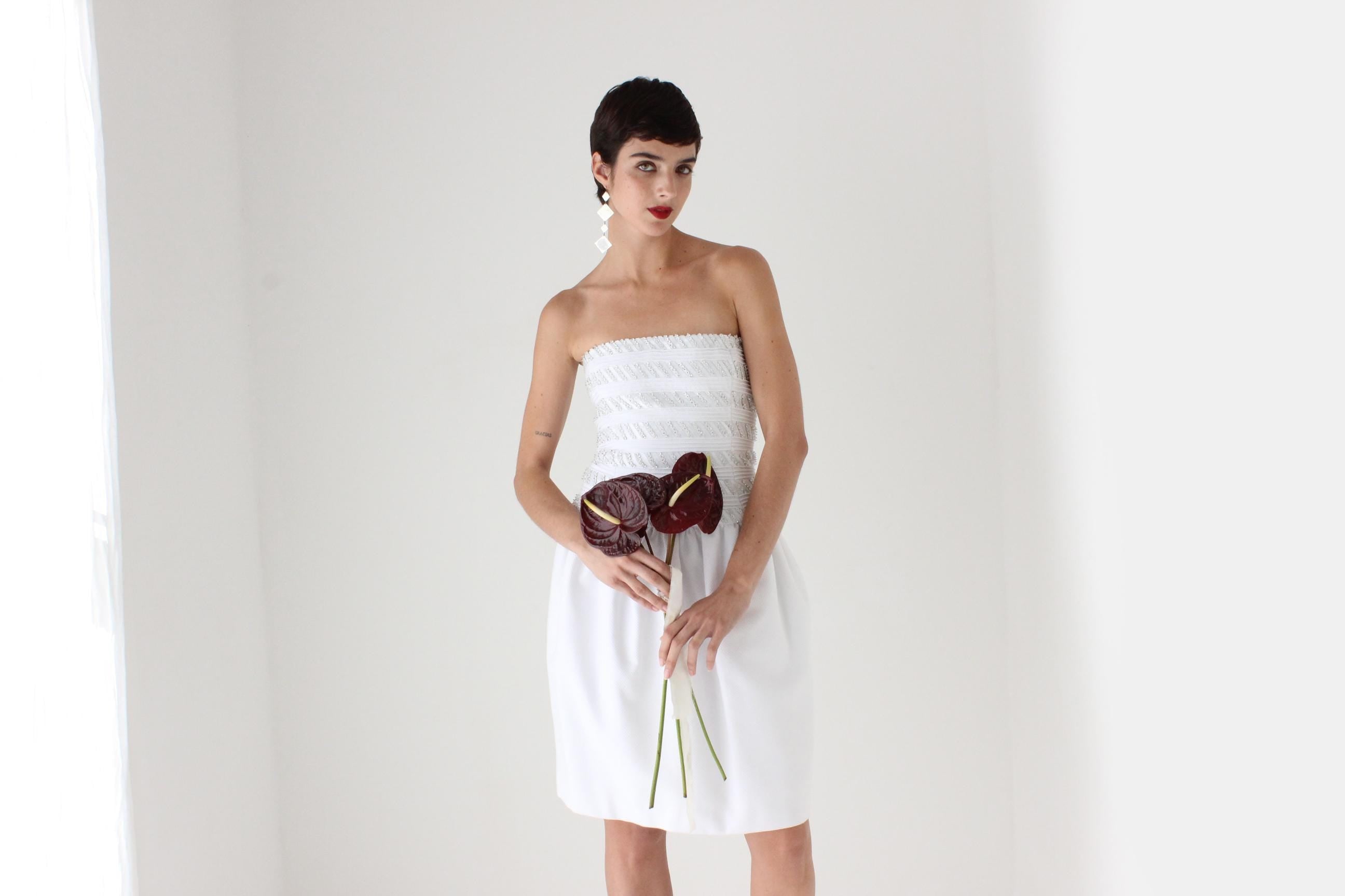 80s Victoria Royal Textured Cotton & Detailed Beading Drop Waist Strapless Cocktail Dress