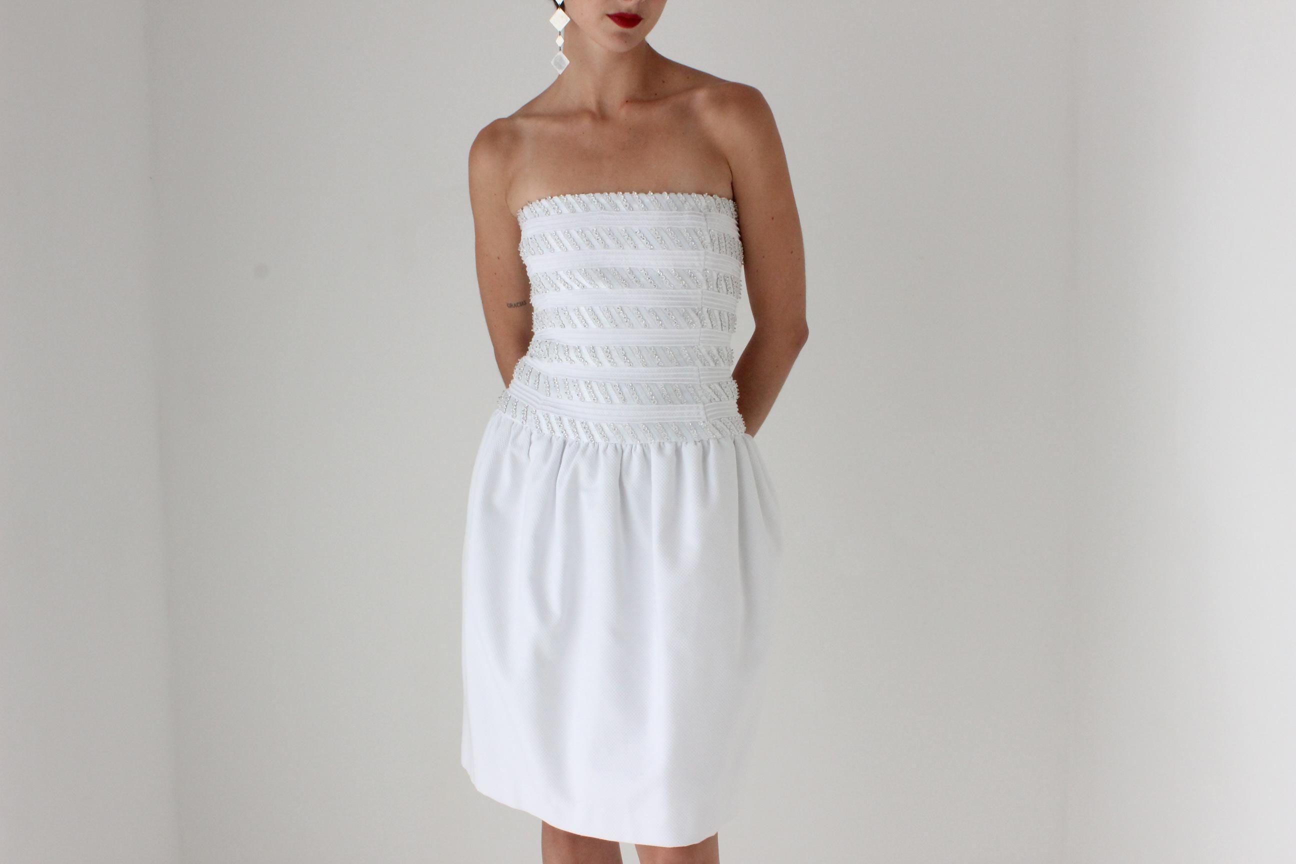 80s Victoria Royal Textured Cotton & Detailed Beading Drop Waist Strapless Cocktail Dress