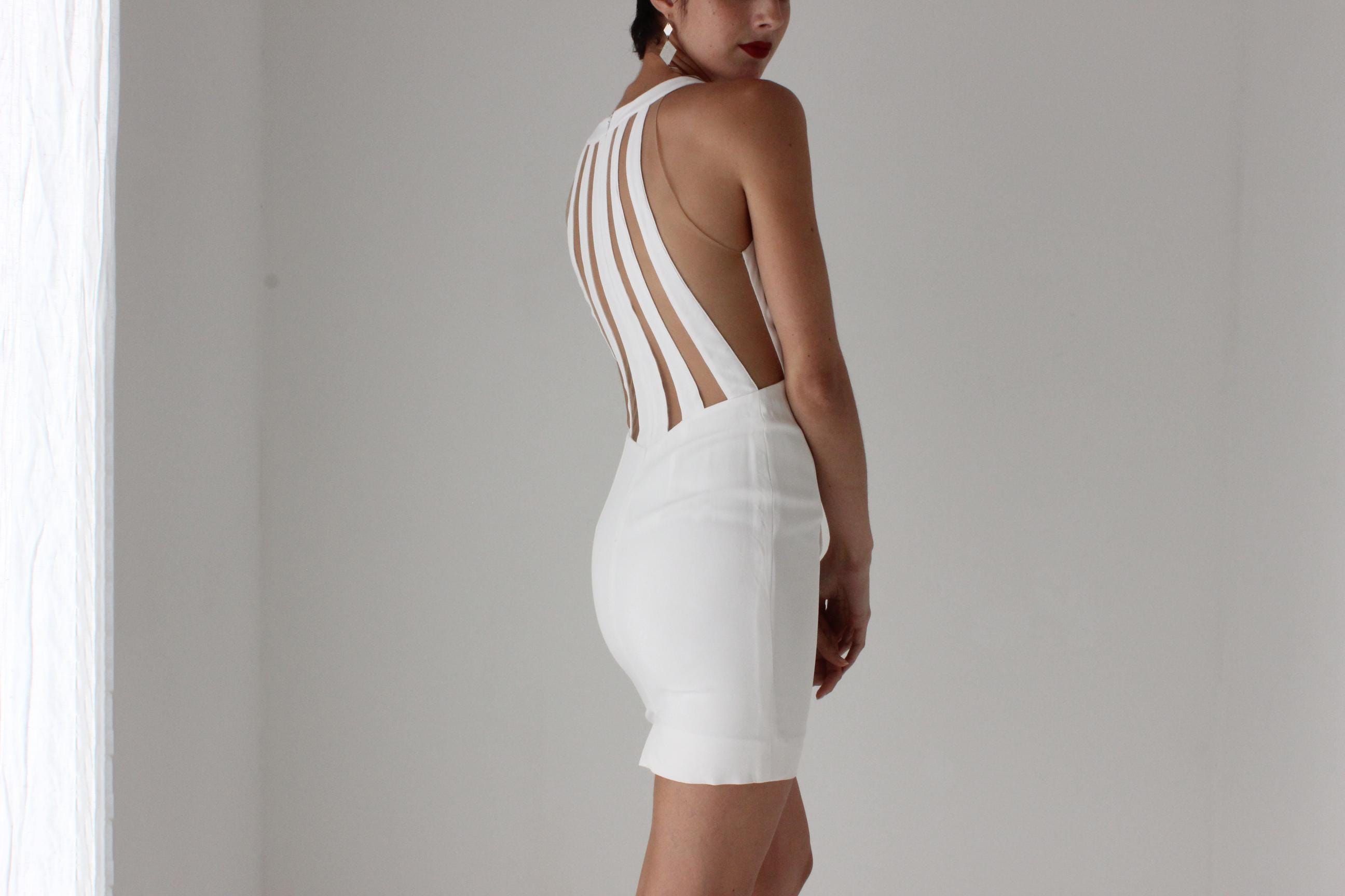 2000s BLUMARINE Italy Silk & Mesh Nude Stripe Plunge Neck Sexy Mini
