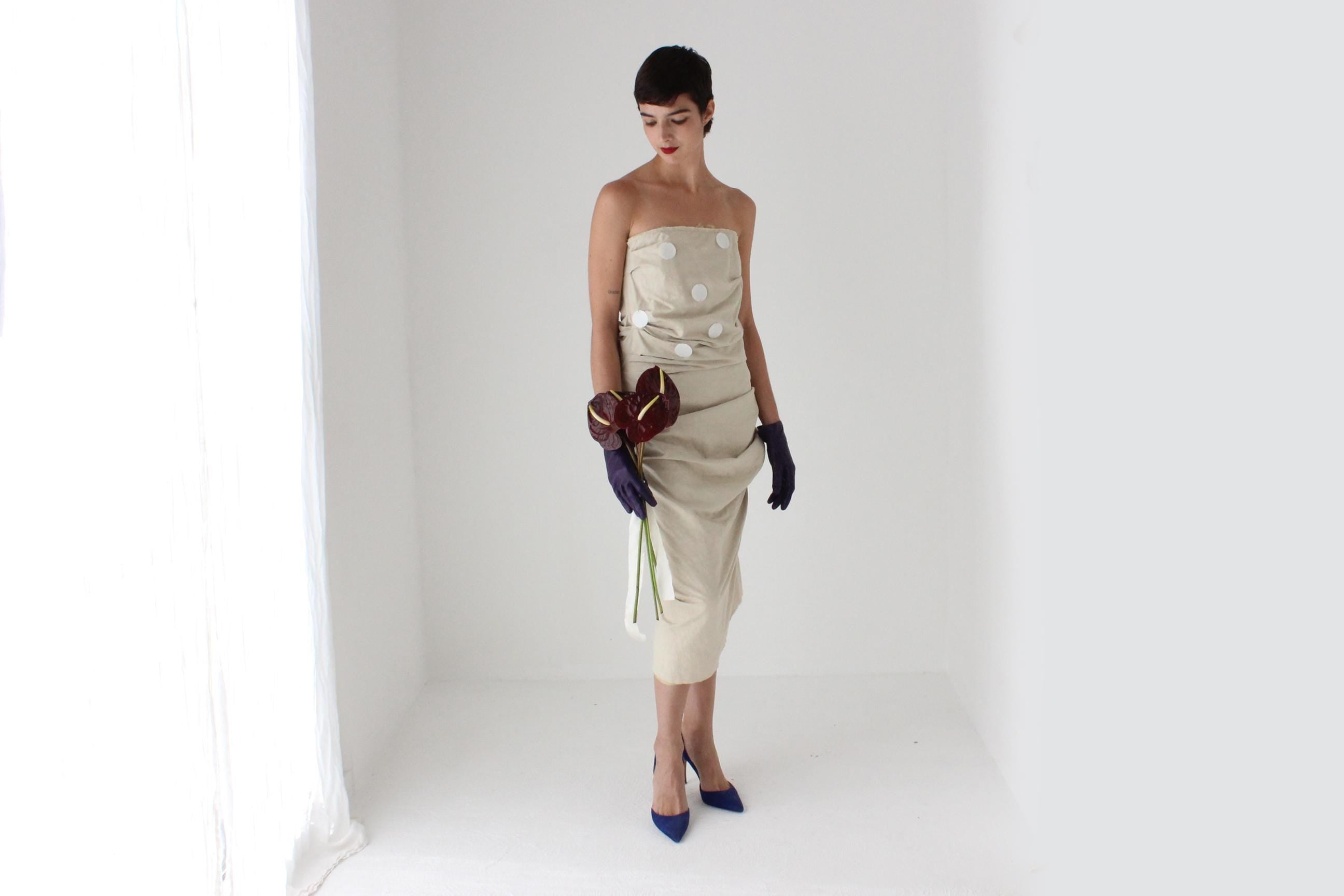 2009 LANVIN Paris Textural Linen Anti-Bride Wedding Dress w/ Pailettes