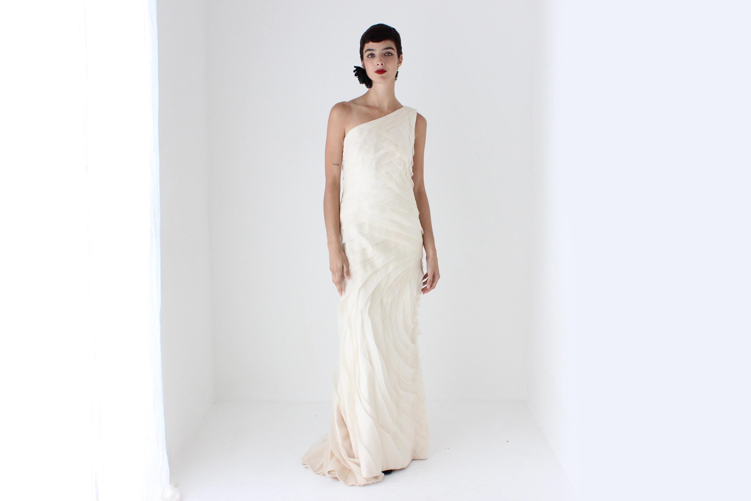 2000s Textural Pastel Silk Organza Asymmetric One Shoulder Gown