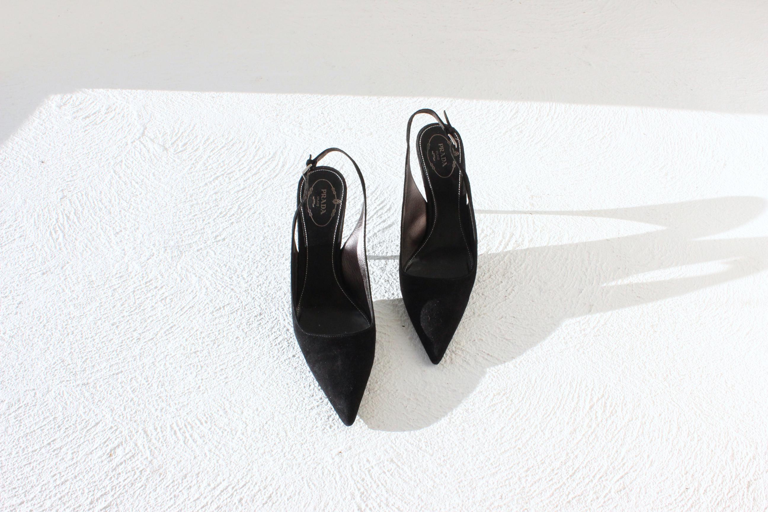 2008 Prada 'Crucial II' Black Suede Pointed Toe Slingback Heels ~ Euro 39