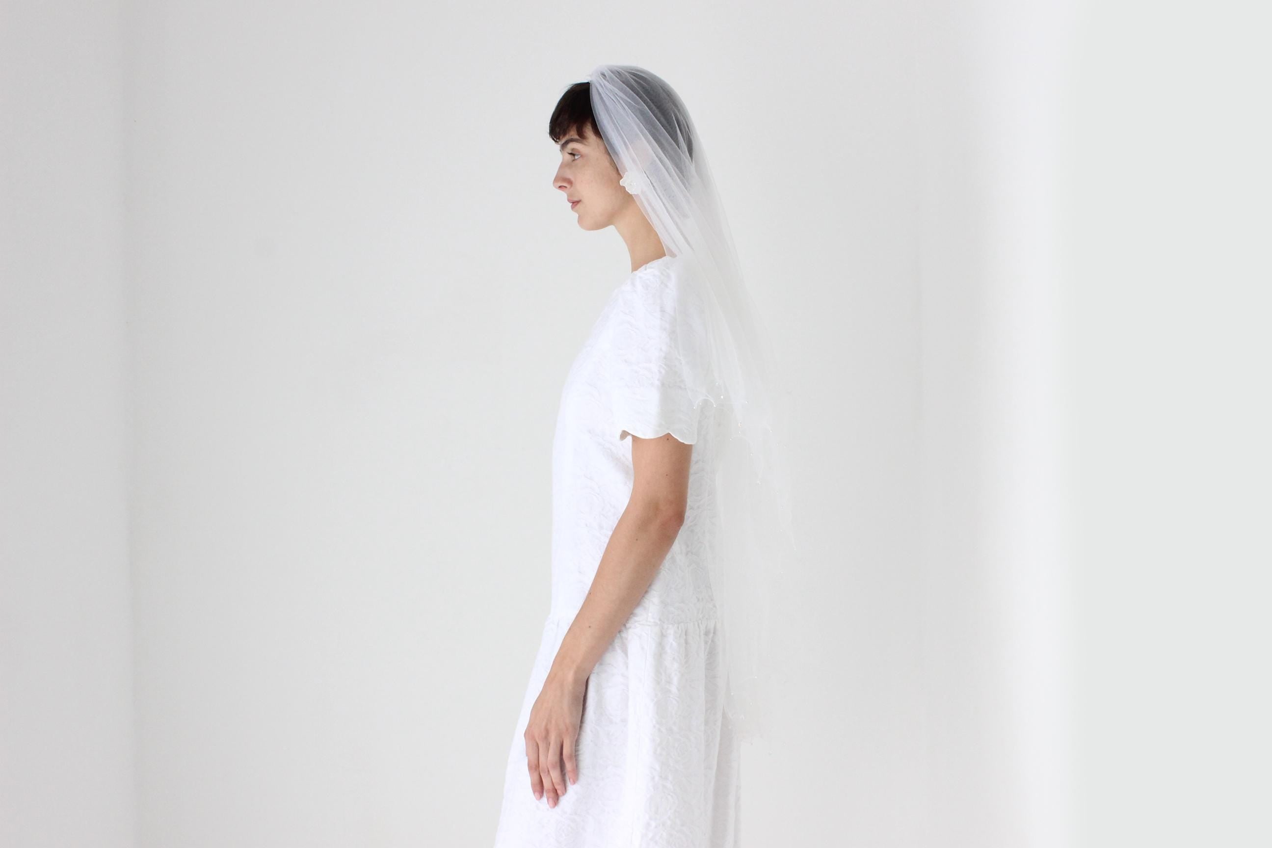 White Tulle Veil w/ Beads & Pearls