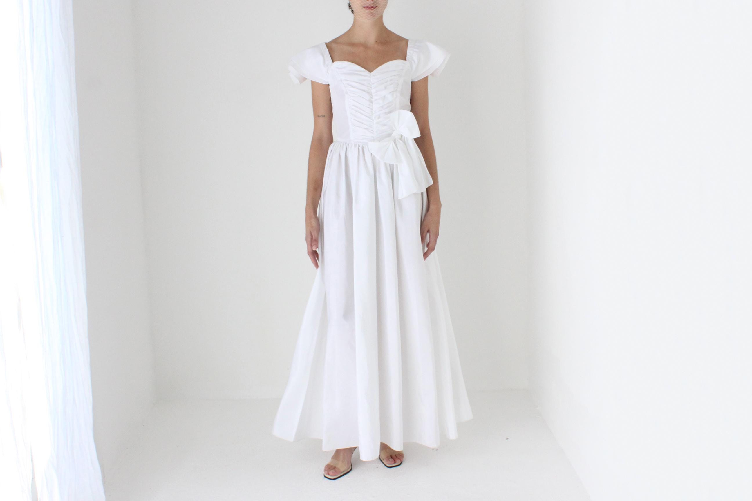 80s Taffeta Off Shoulder OR Flutter Sleeve Gown