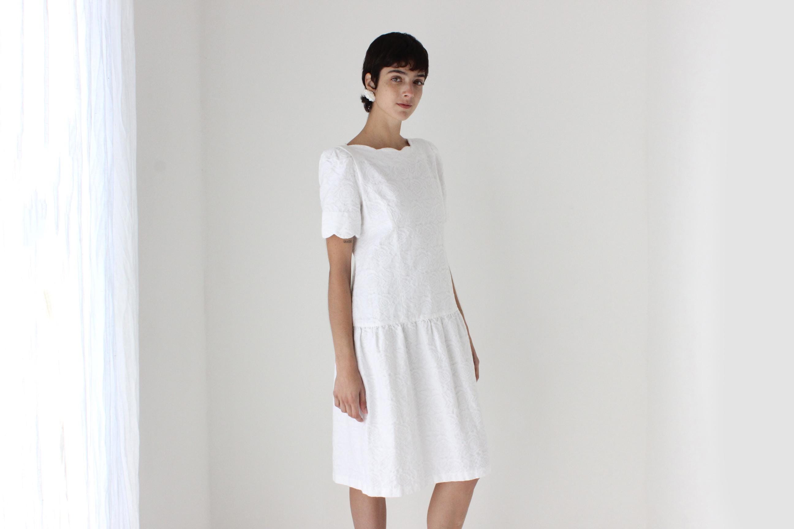 80s Saks Fifth Avenue Textured Cotton Drop Waist Dress