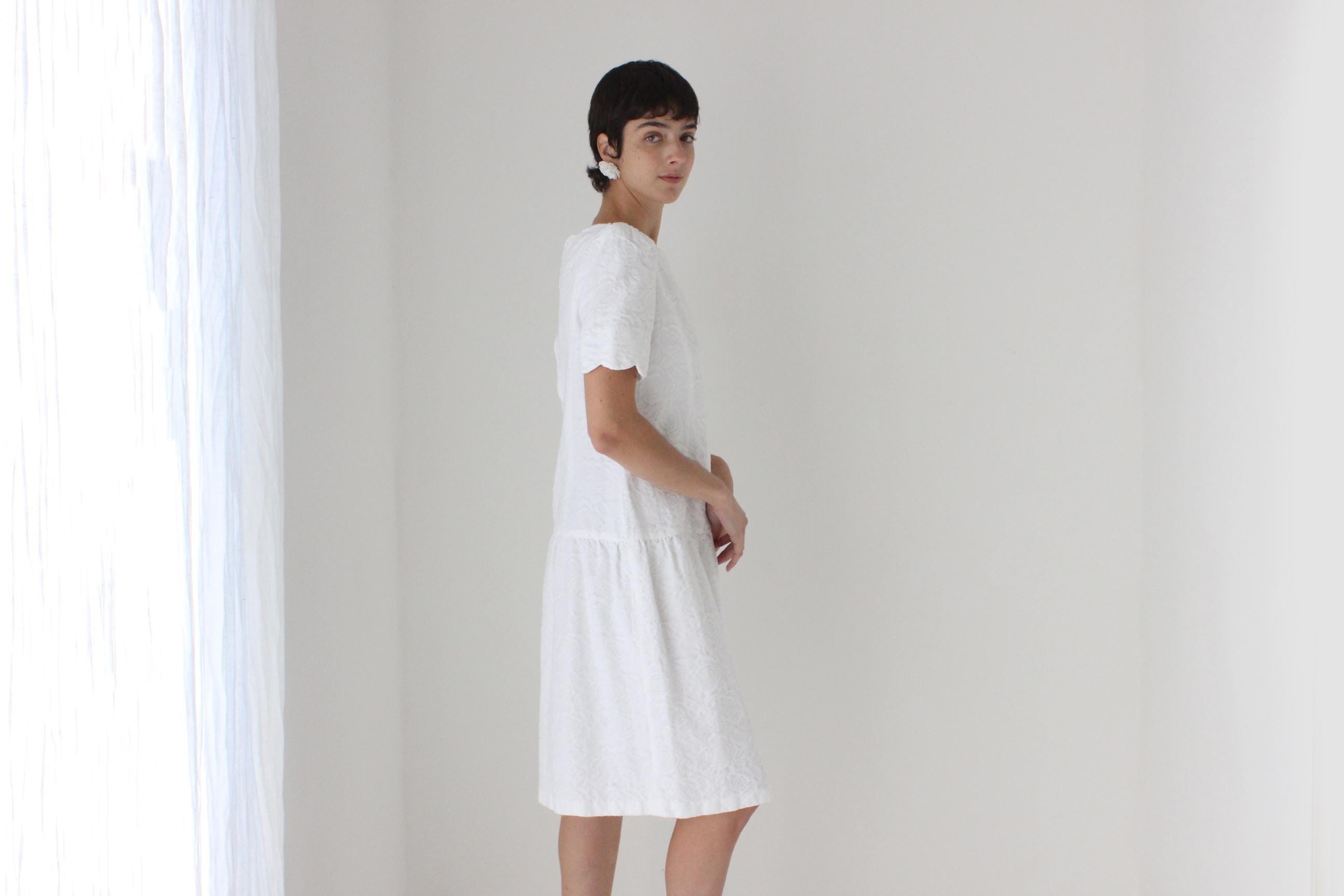80s Saks Fifth Avenue Textured Cotton Drop Waist Dress