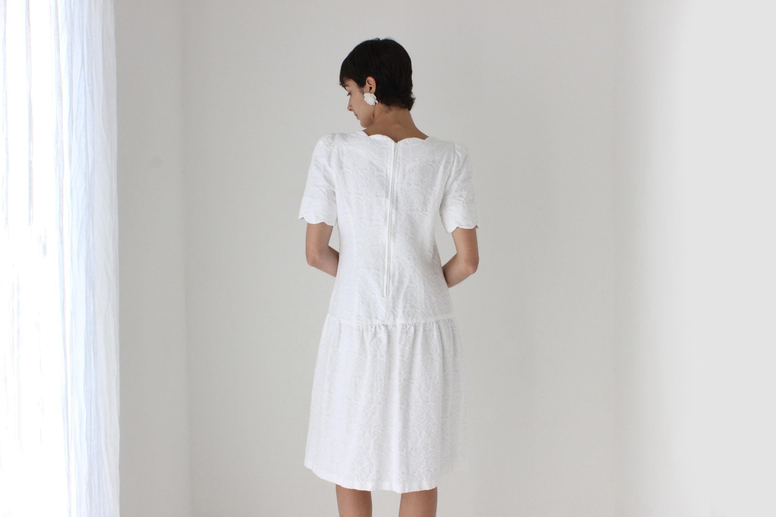 80s Saks Fifth Avenue Textured Cotton Drop Waist Dress