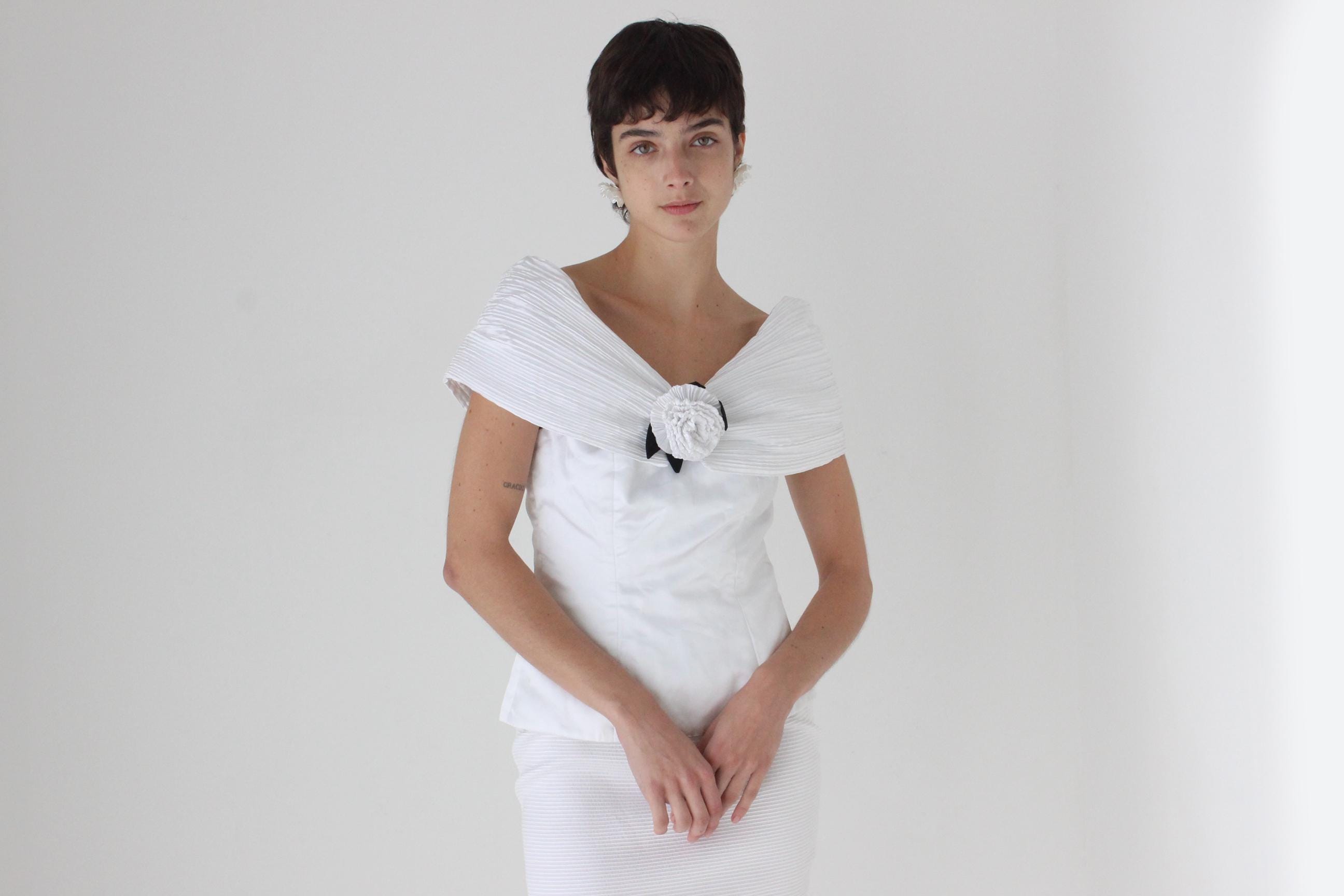 80s Teena Varigos Plisse Off Shoulder Bridal Rosette Top