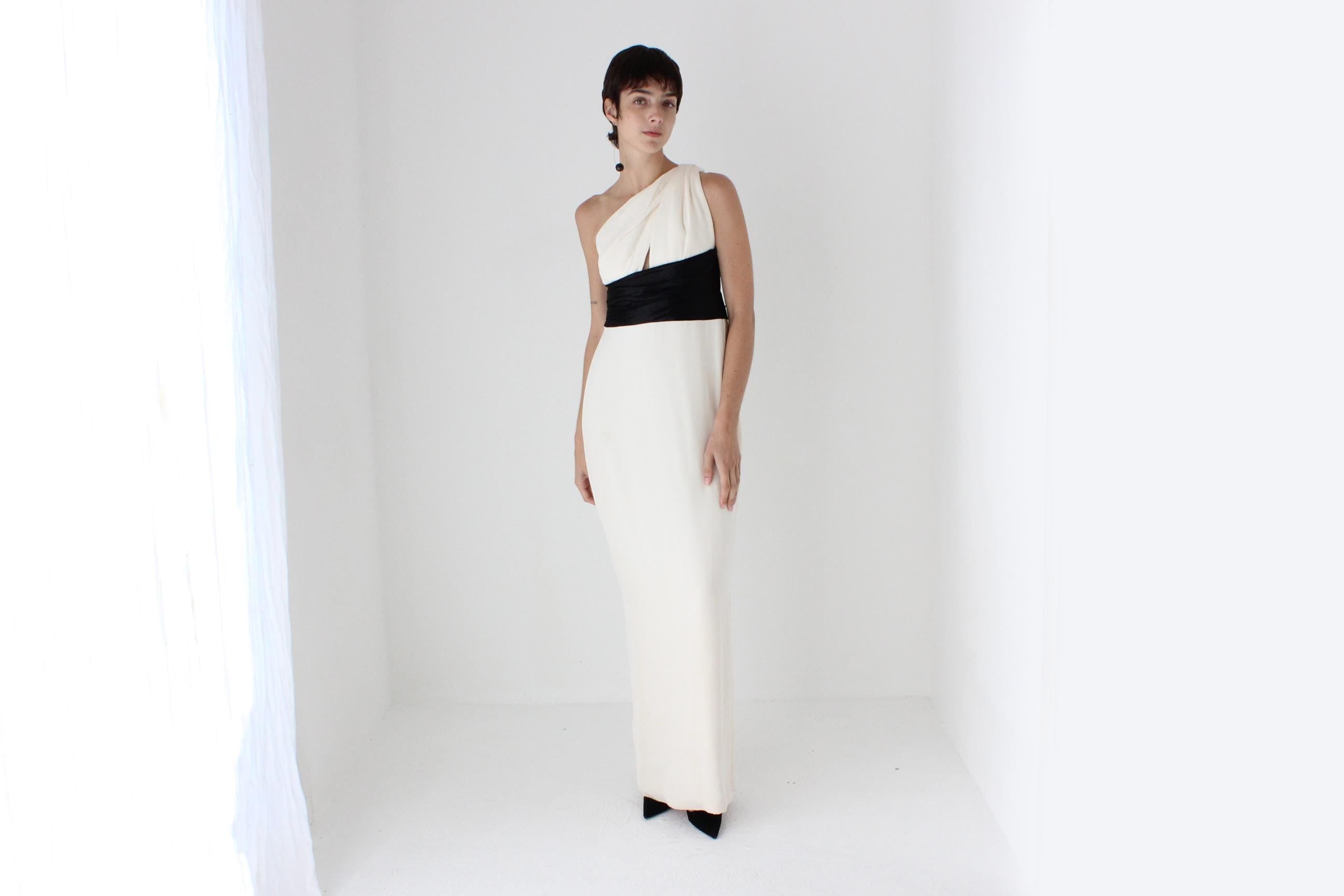 2000s Marchesa Notte Sublime Silk 'Twisted' One Shoulder Monochrome Gown