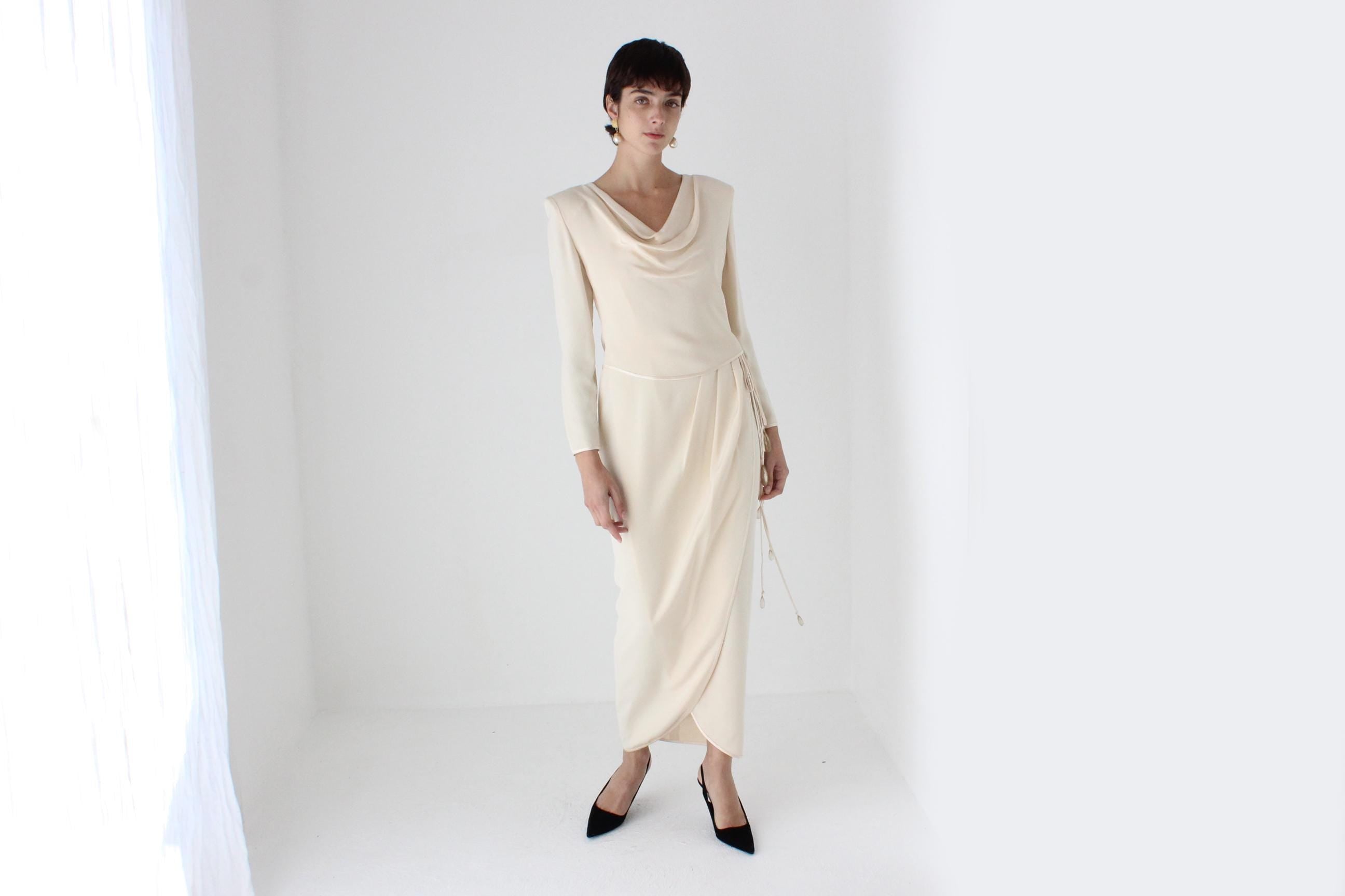 80s Sharp Shoulder Draped Hourglass Dress w/ Trailing Gemstones by Tom & Linda Platt