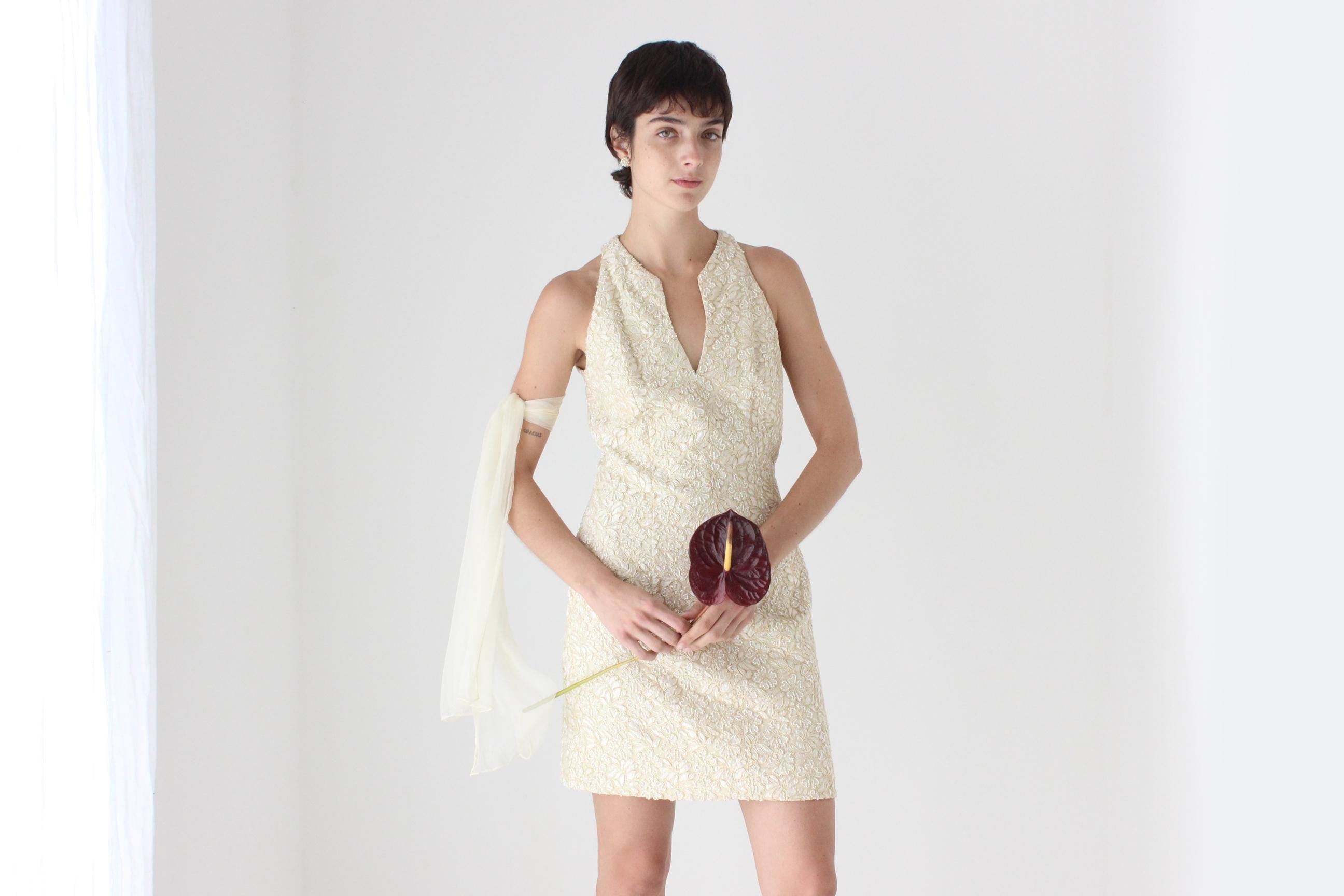 2000s Carmen Marc Valvo Pastel Yellow Beaded Lace Mini