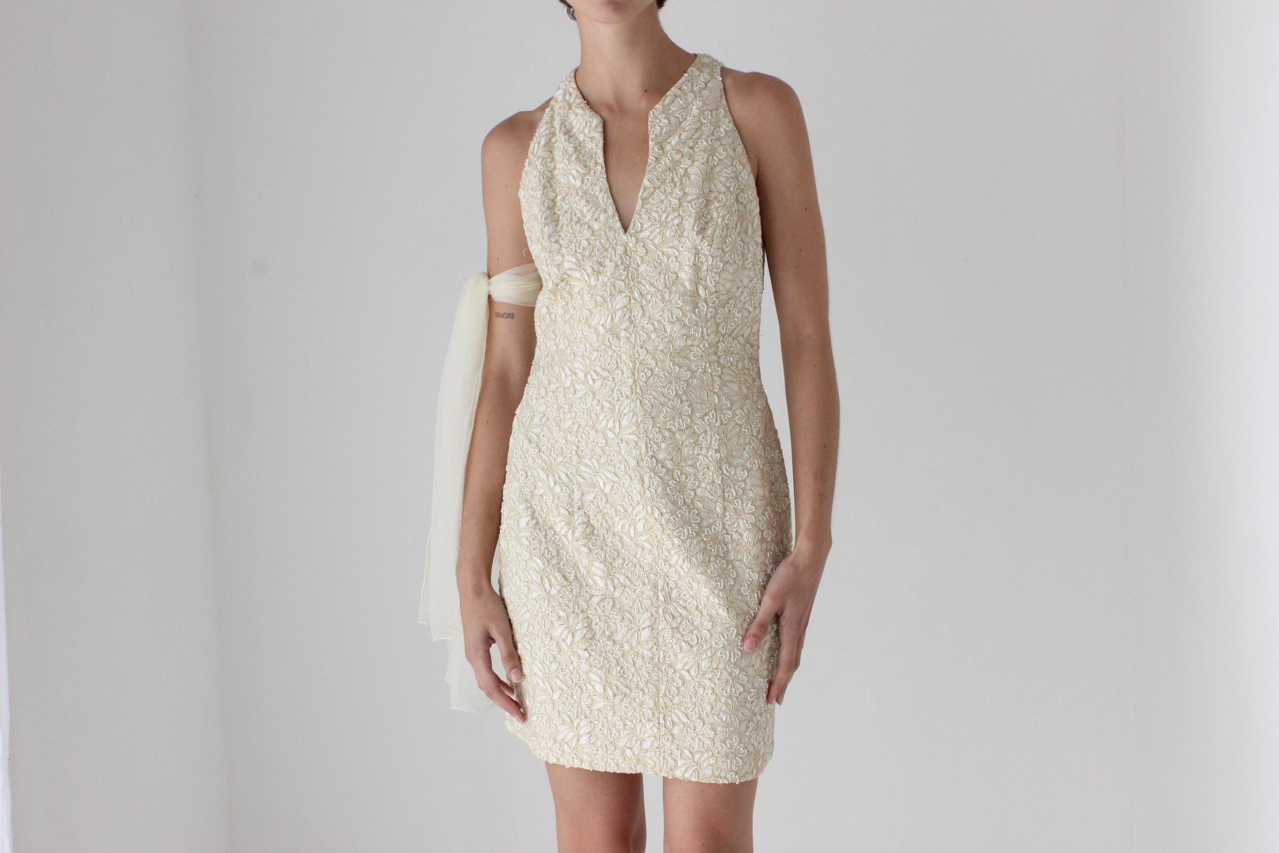 2000s Carmen Marc Valvo Pastel Yellow Beaded Lace Mini