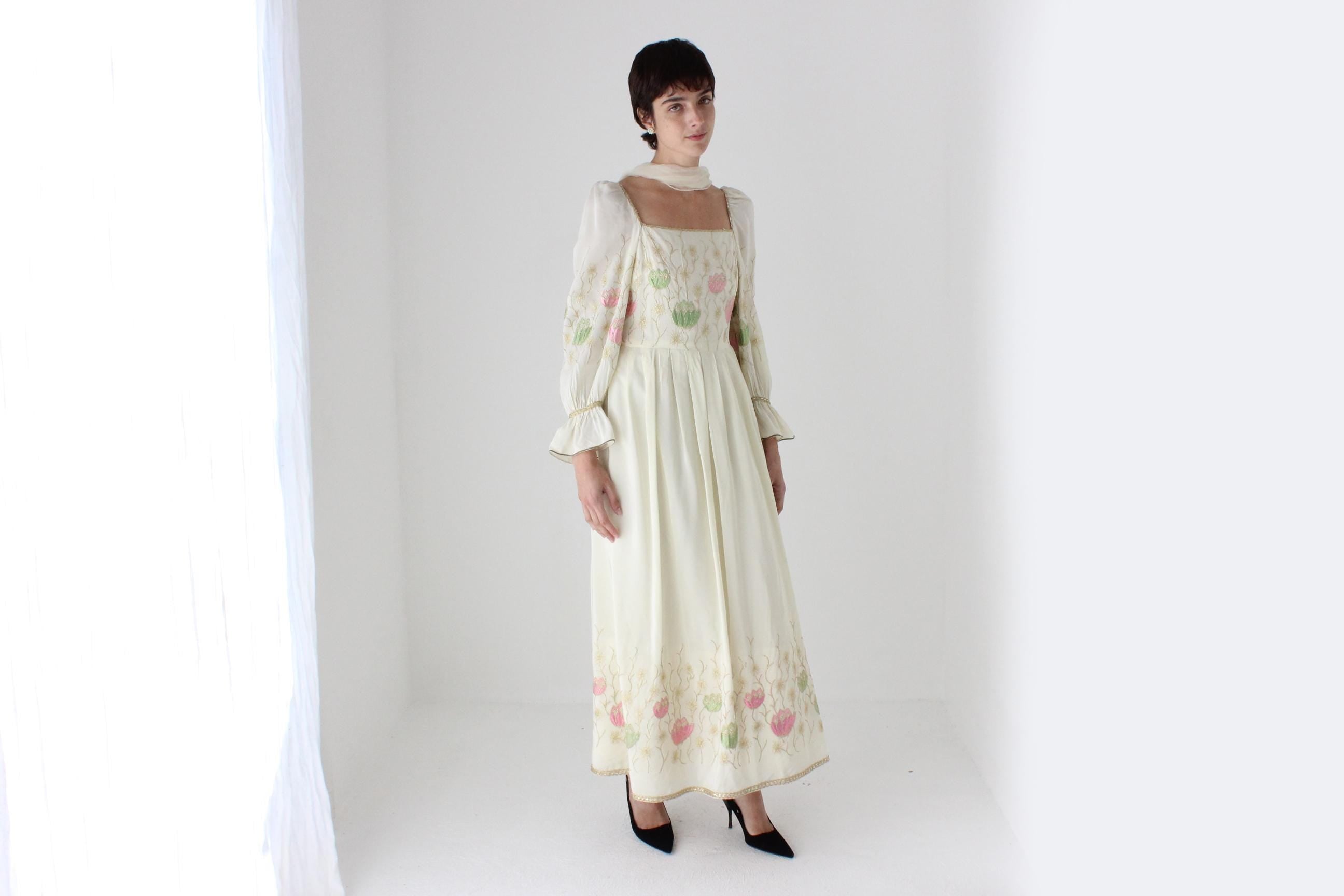 Historic 1970s Pierre Cardin Creations Lotus Embroidered Renaissance Dress