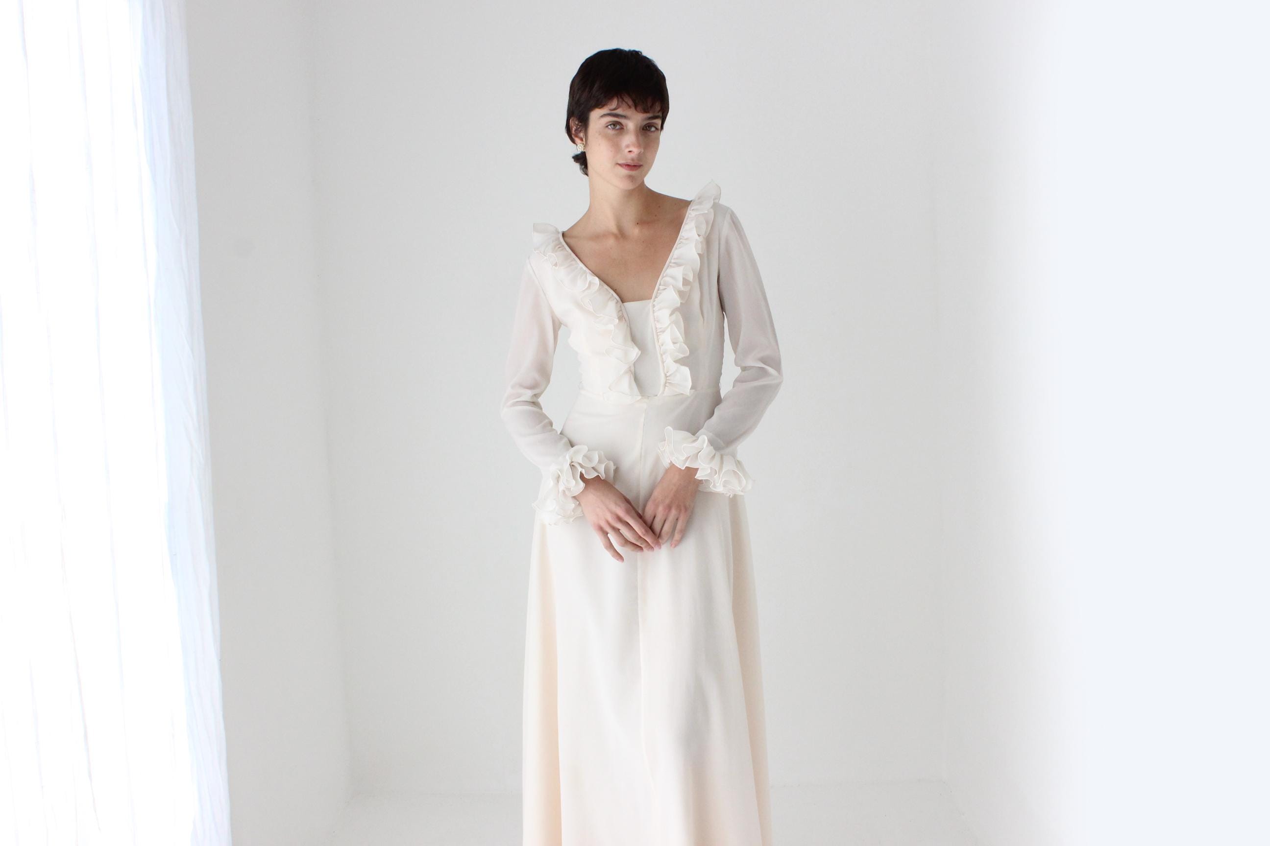 Romantic 1970s Ruffle Sleeve Maxi Dress