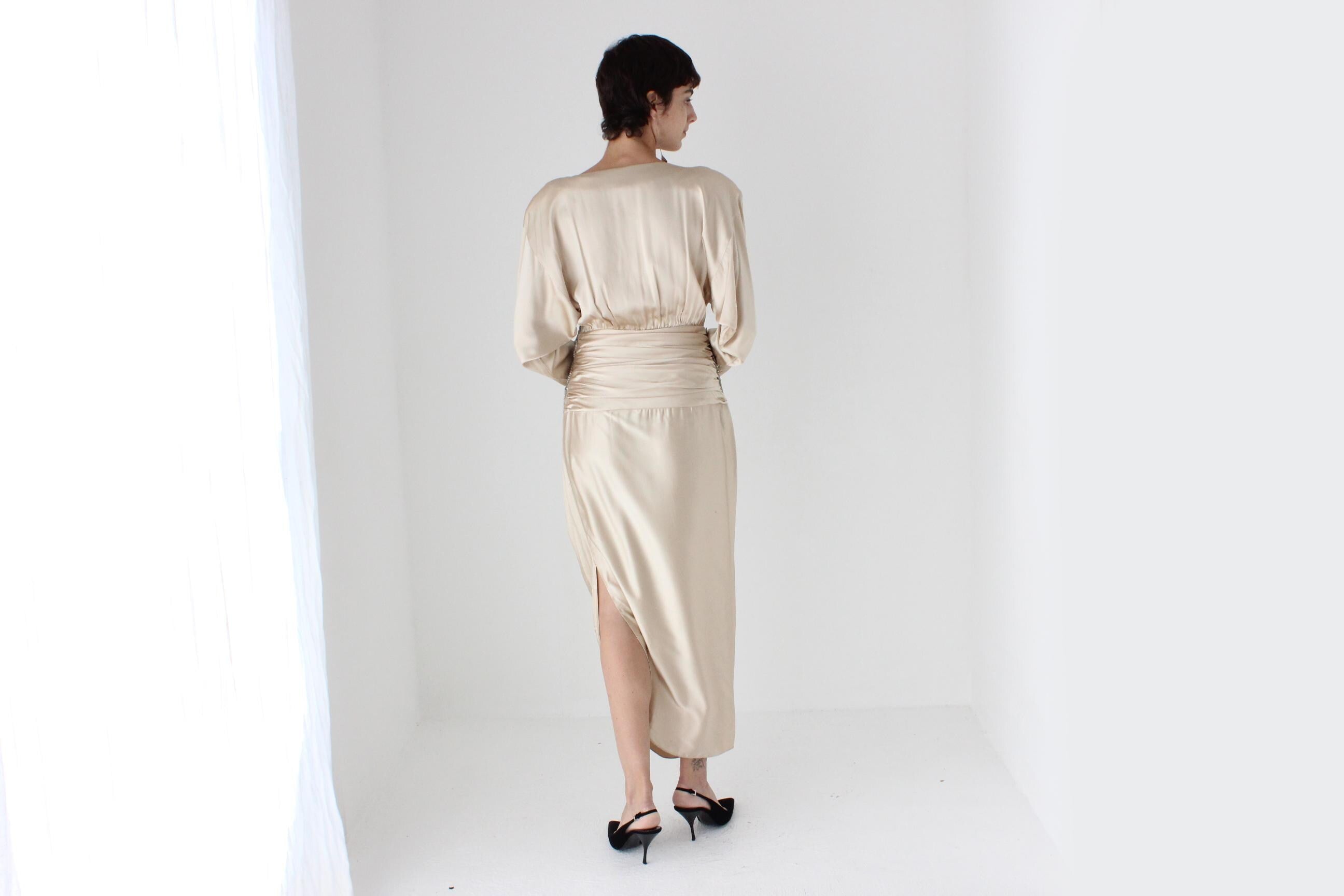80s Liancarlo x Lillie Rubin Beaded Pure Silk Draped Cocktail Dress