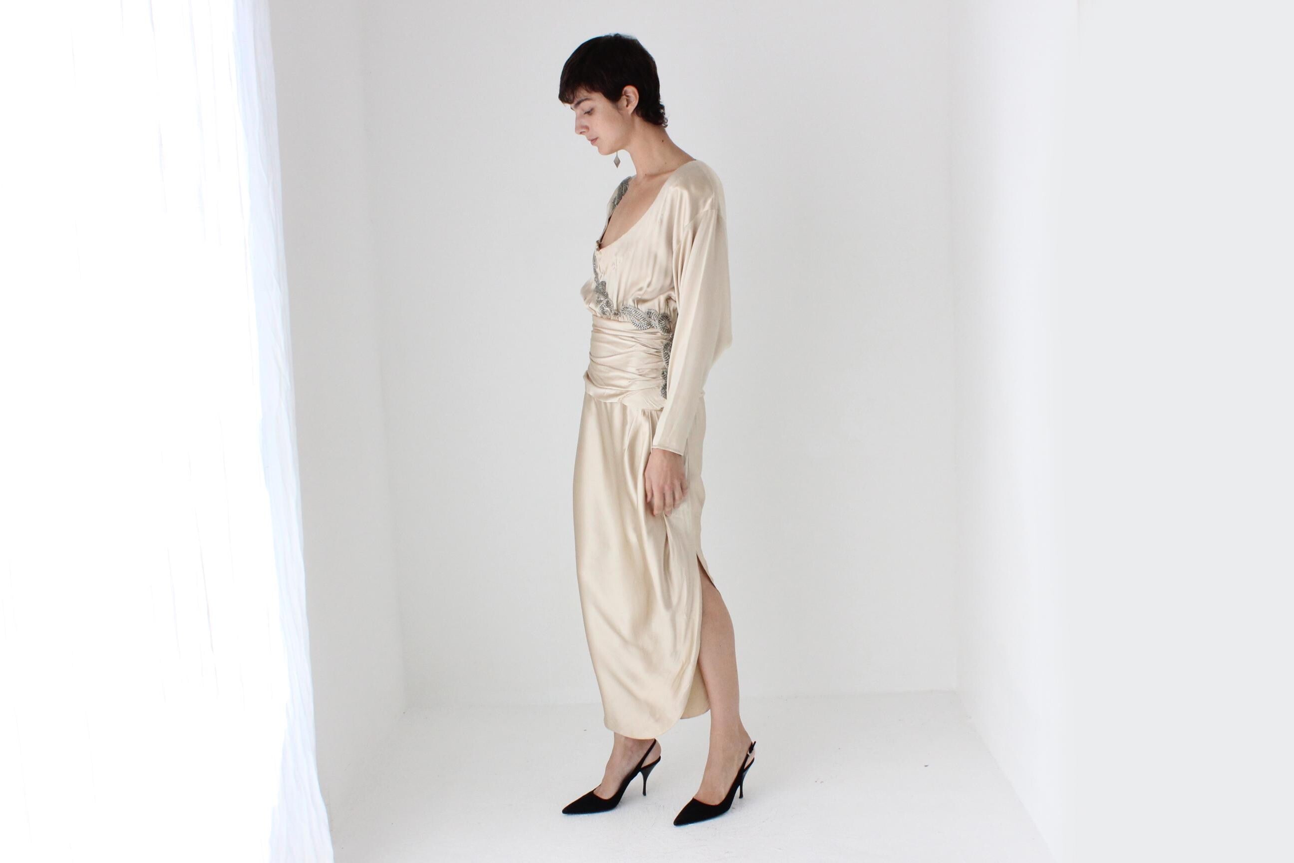 80s Liancarlo x Lillie Rubin Beaded Pure Silk Draped Cocktail Dress