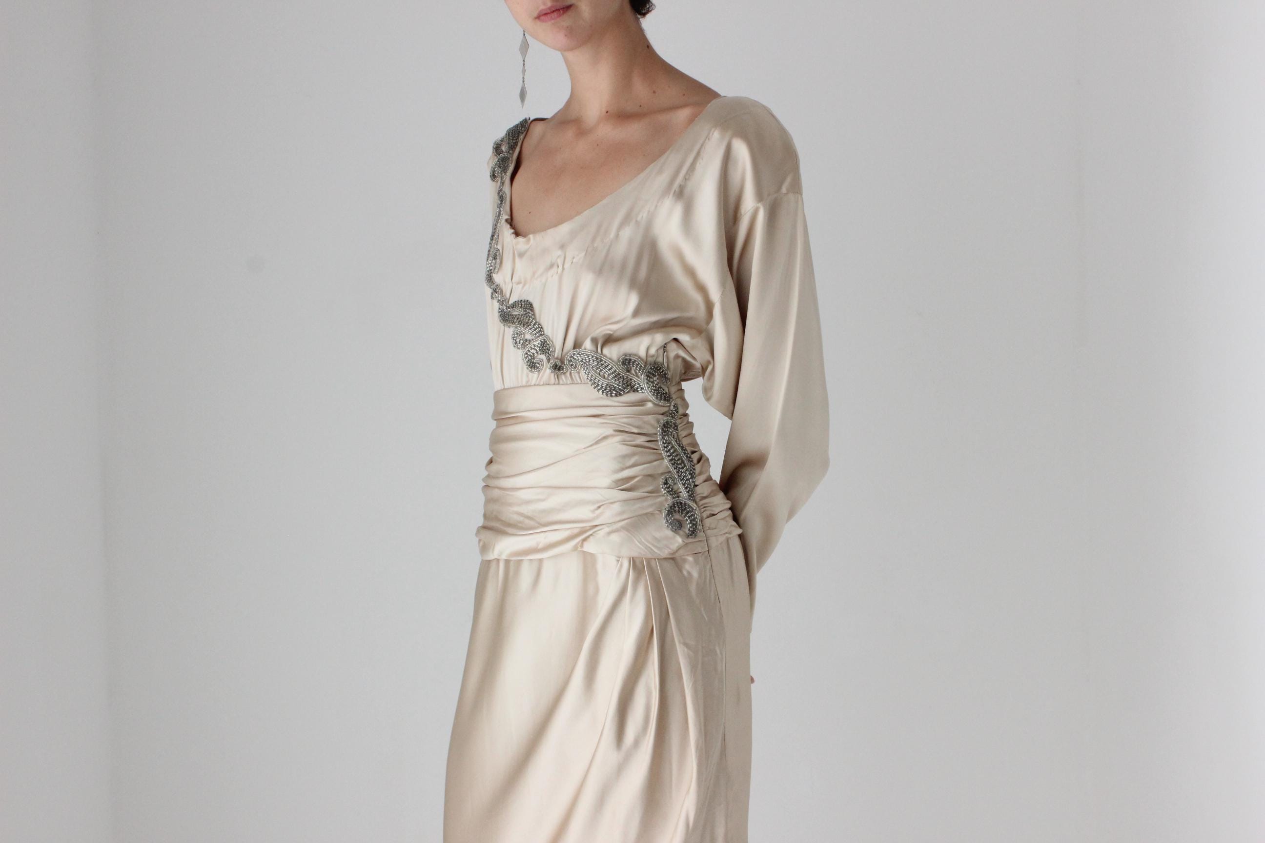 80s Liancarlo x Lillie Rubin Beaded Pure Silk Draped Cocktail Dress