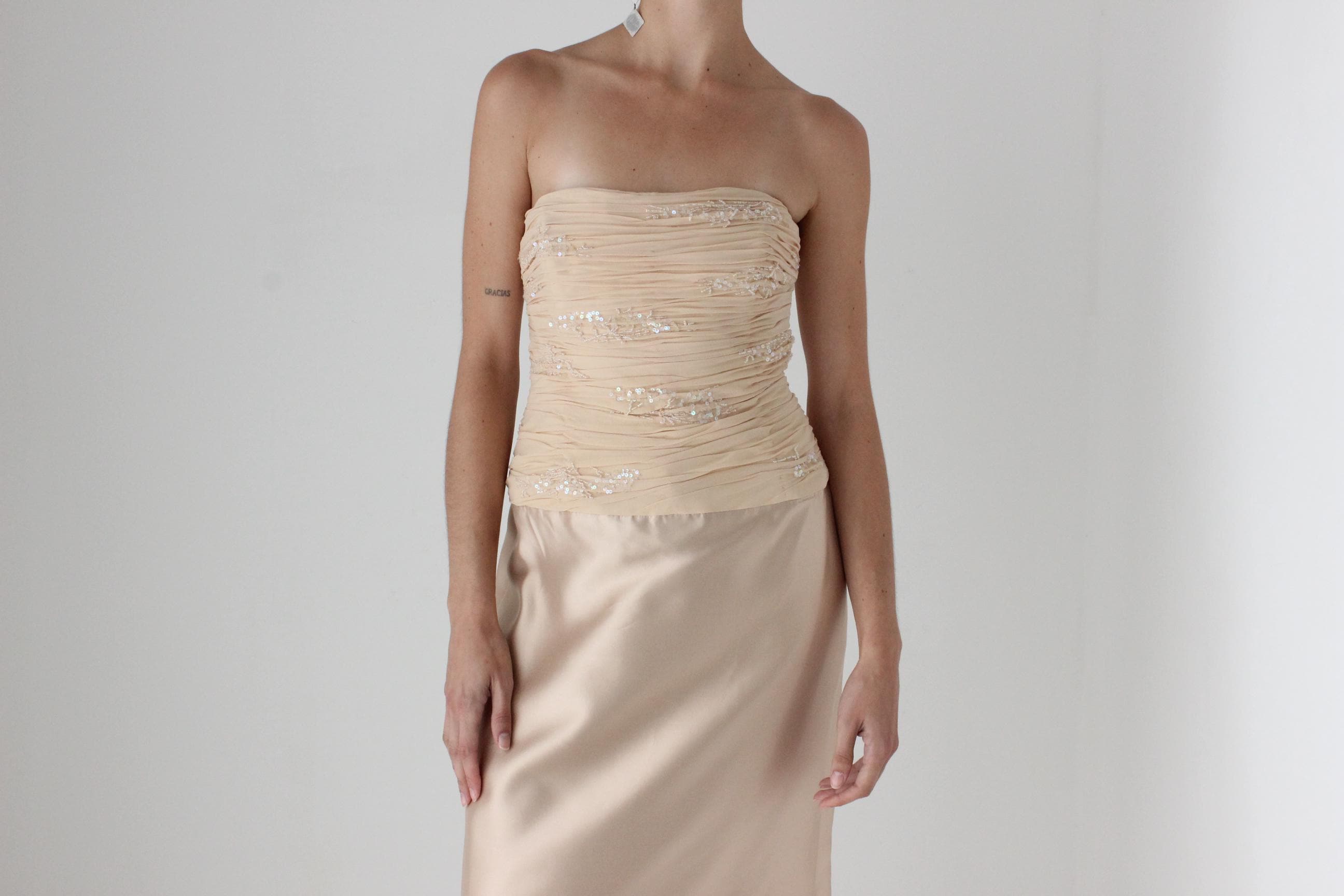 Y2K Teri Jon by Rickie Freeman Pure Silk Strapless Bustier Formal Gown