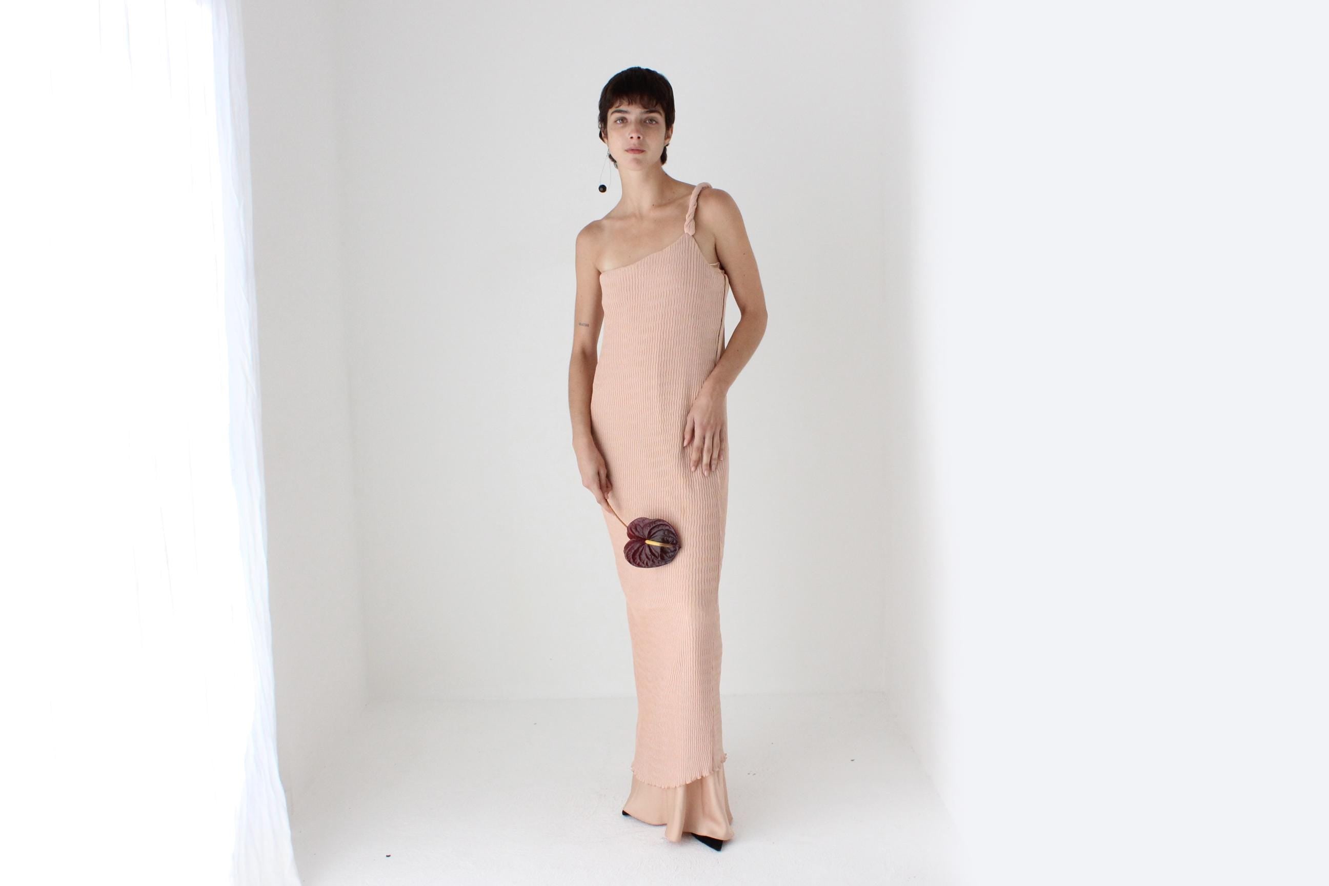 2000s Max Mara Pianoforte Plisse Crinkle One Shoulder Gown
