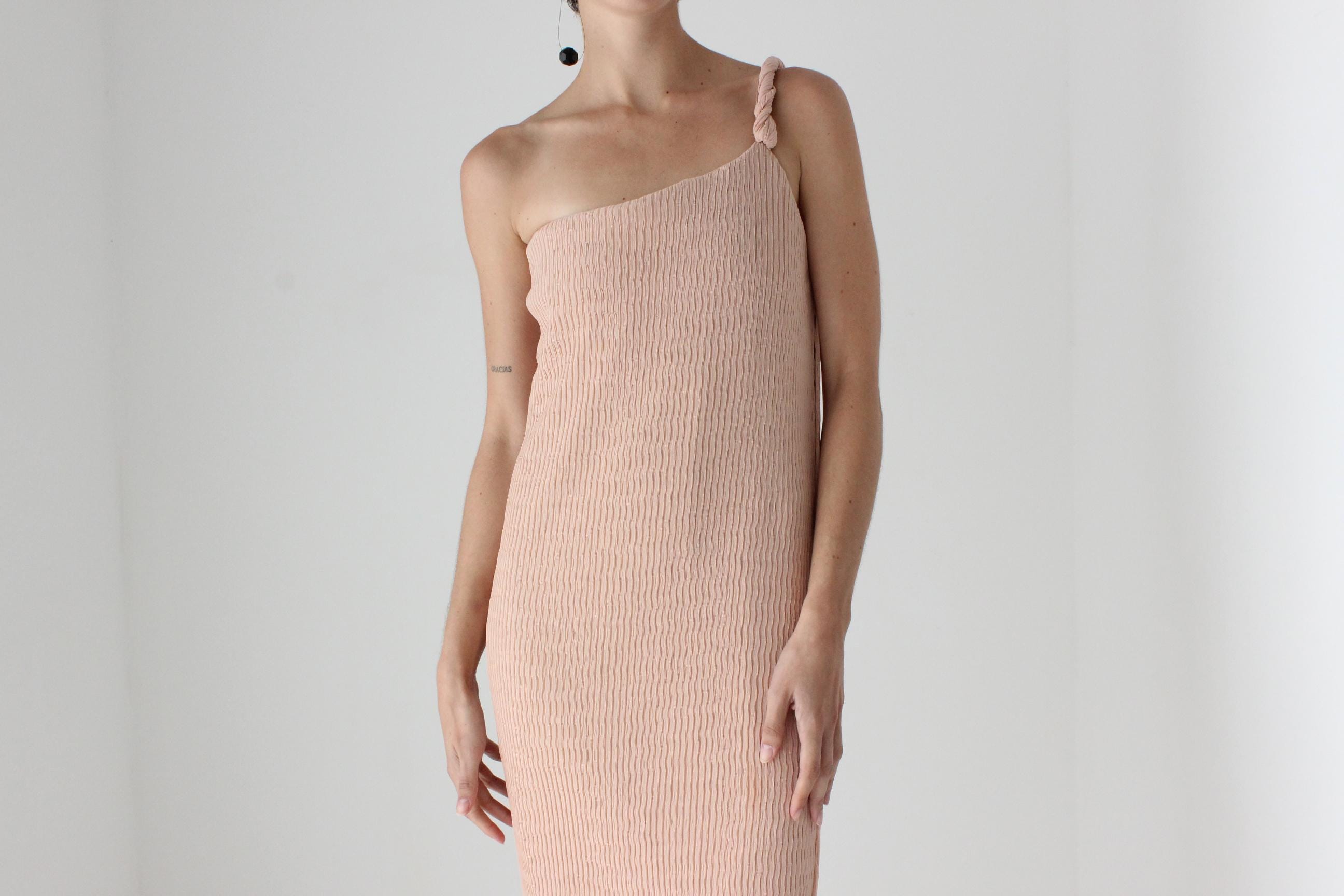 2000s Max Mara Pianoforte Plisse Crinkle One Shoulder Gown