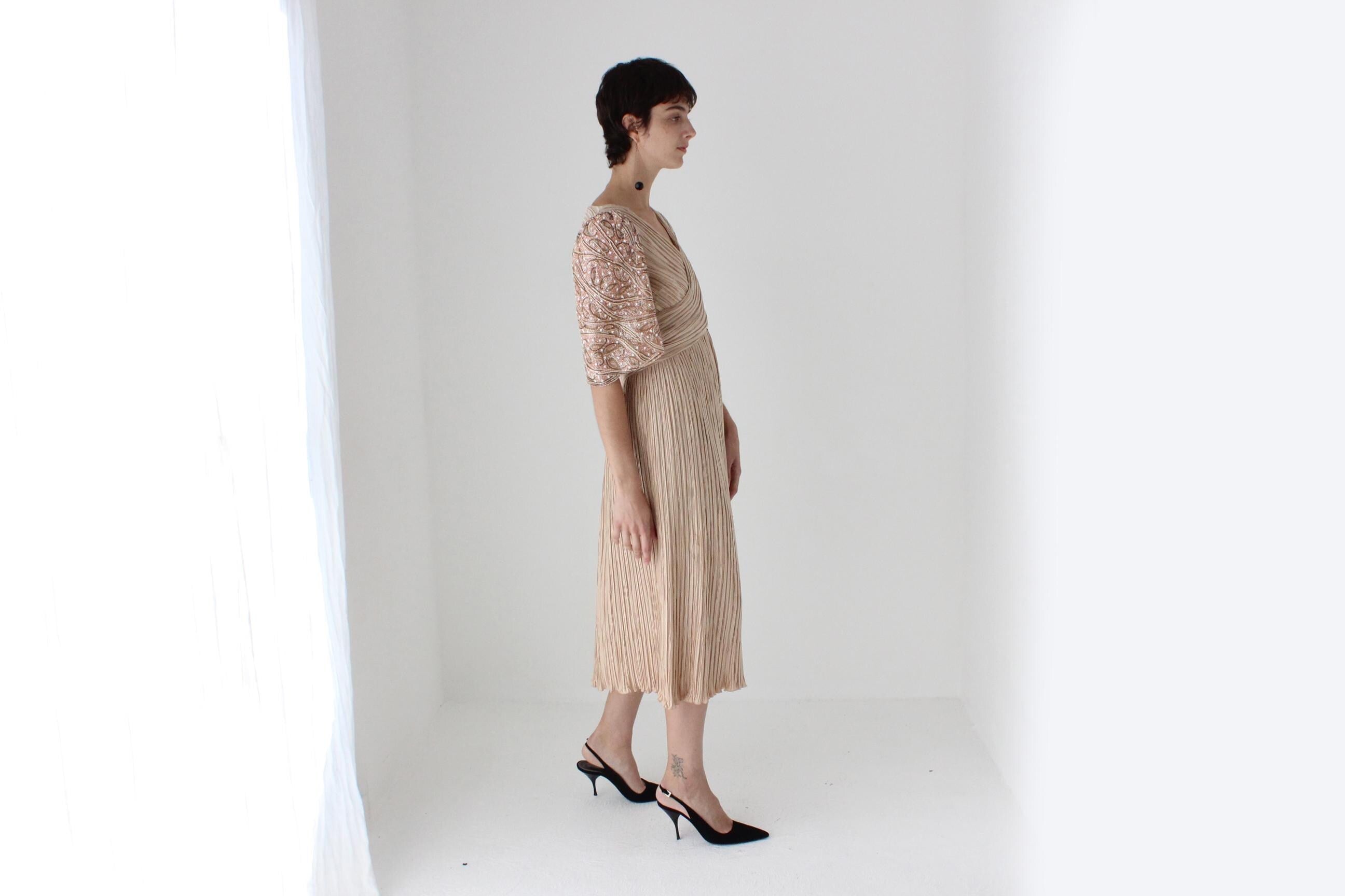 80s Richilene Fortuny Pleated Dusty Pink Cocktail Dress w/ Beaded Puff Sleeve