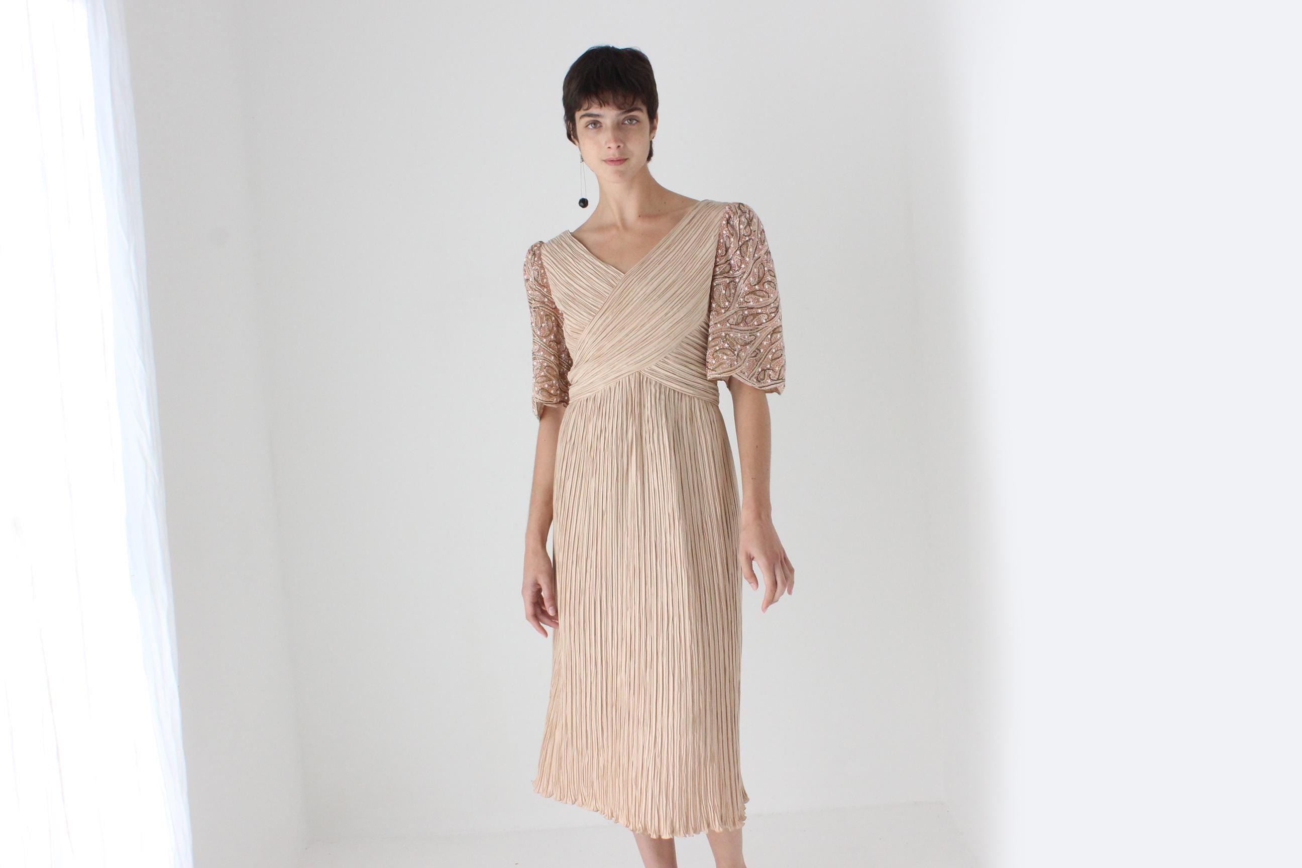 80s Richilene Fortuny Pleated Dusty Pink Cocktail Dress w/ Beaded Puff Sleeve