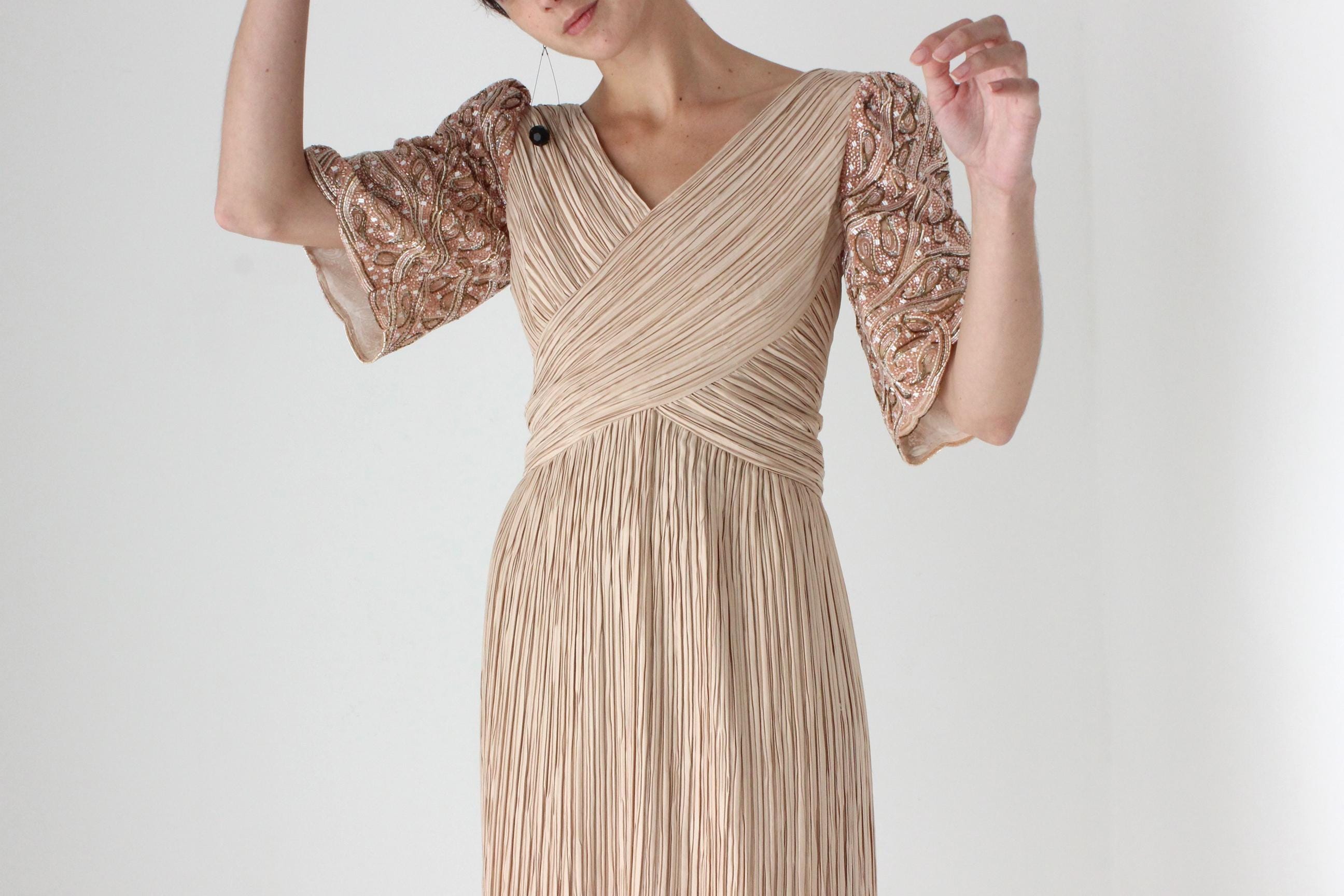 80s Richilene Fortuny Pleated Dusty Pink Cocktail Dress w/ Beaded Puff Sleeve