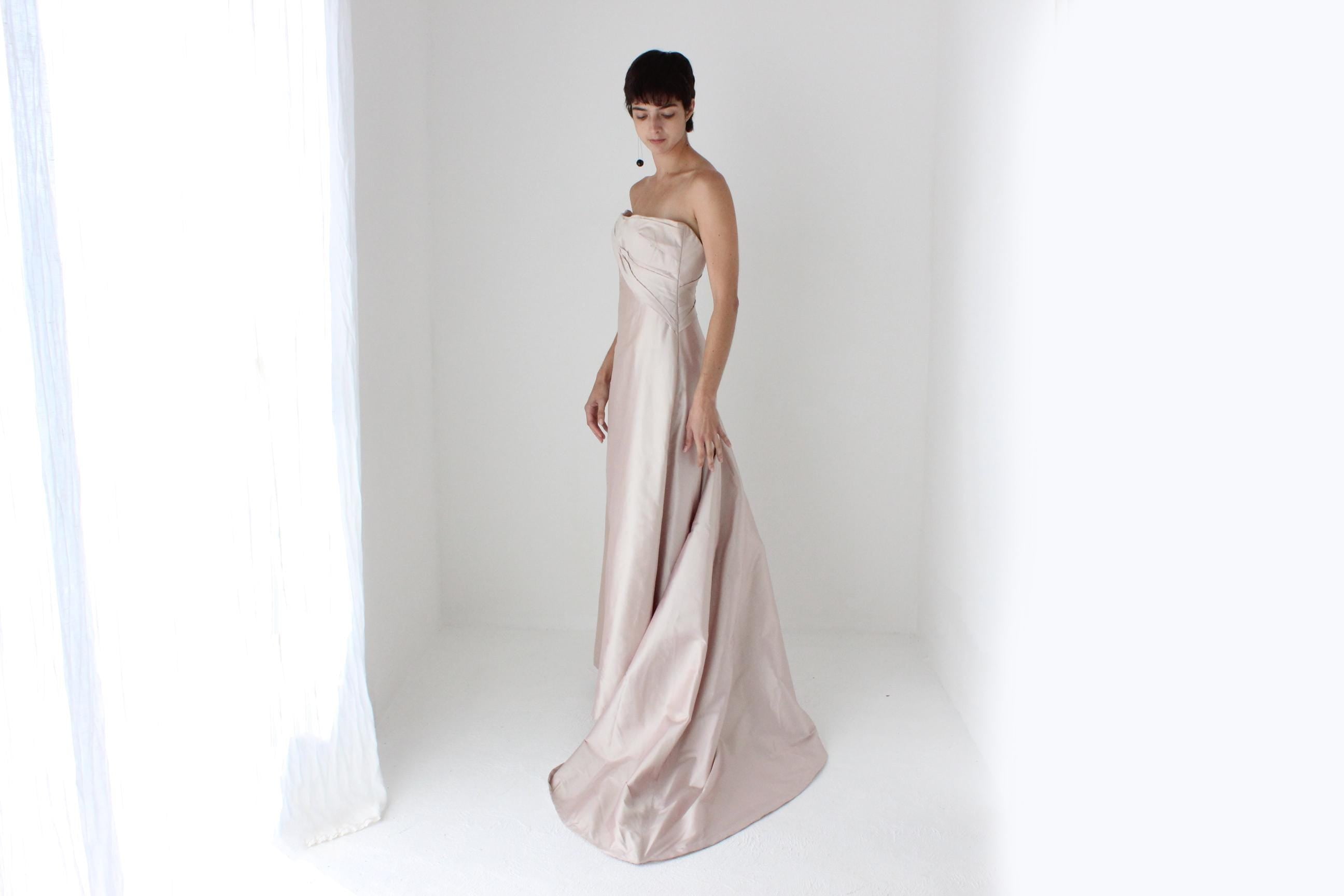 90s Mauve Silk Sculptural Bodice Strapless Gown