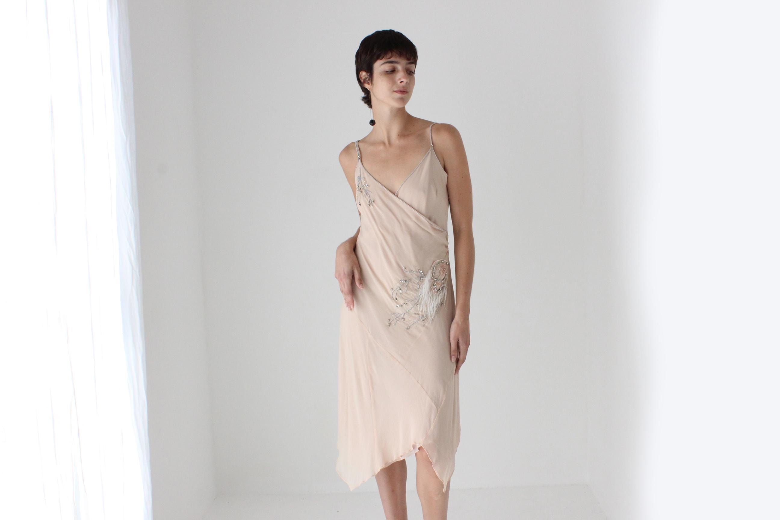 Y2K Pastel Pink Pure Silk Asymmetric Plunge Neck Slip Dress w/ Beading & Feathers