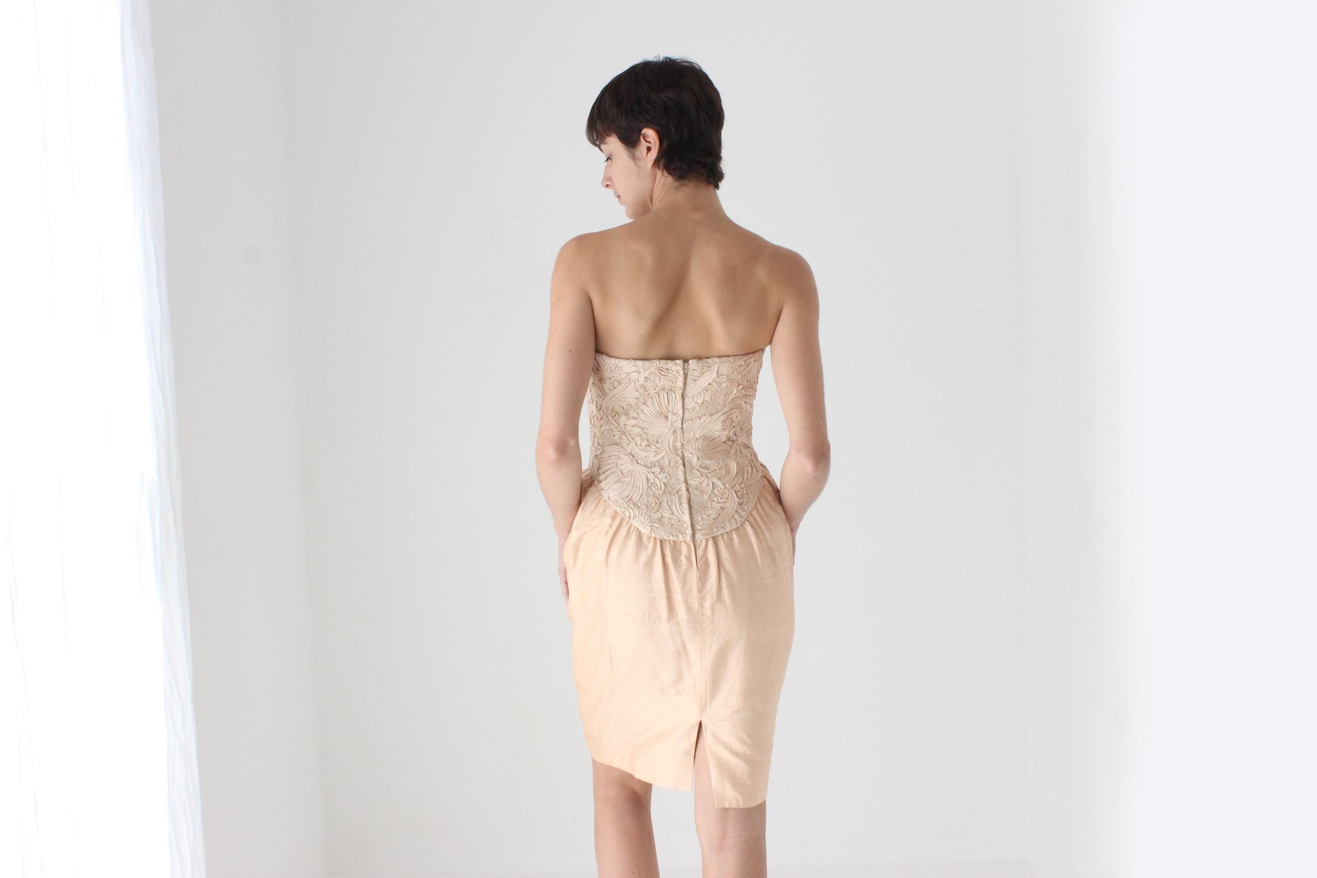 Glorious 80s Raw Silk Strapless Bustier Mini Dress by Tom & Linda Platt