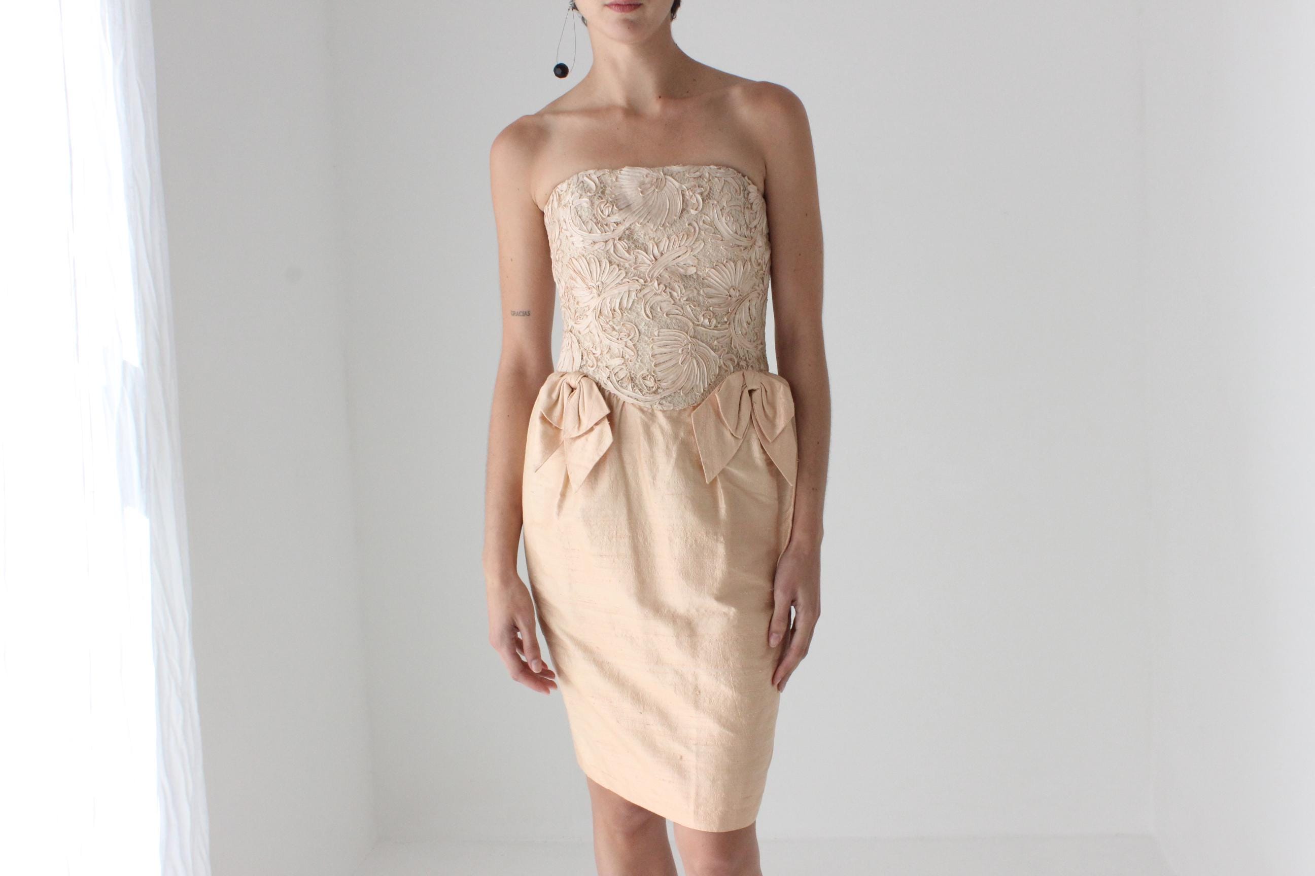 Glorious 80s Raw Silk Strapless Bustier Mini Dress by Tom & Linda Platt