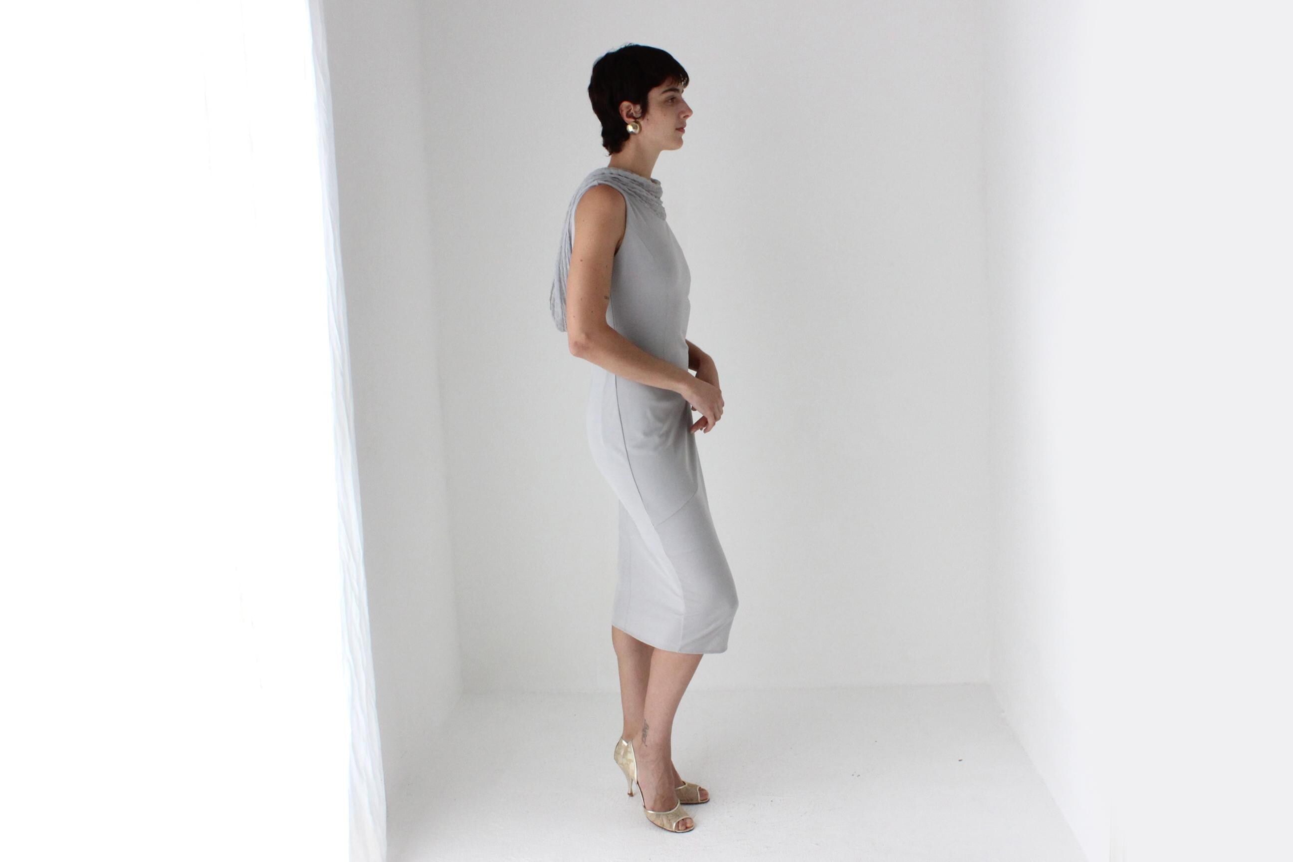90s Italian Dove Grey Draped Backless Bateau Neck Cocktail Dress