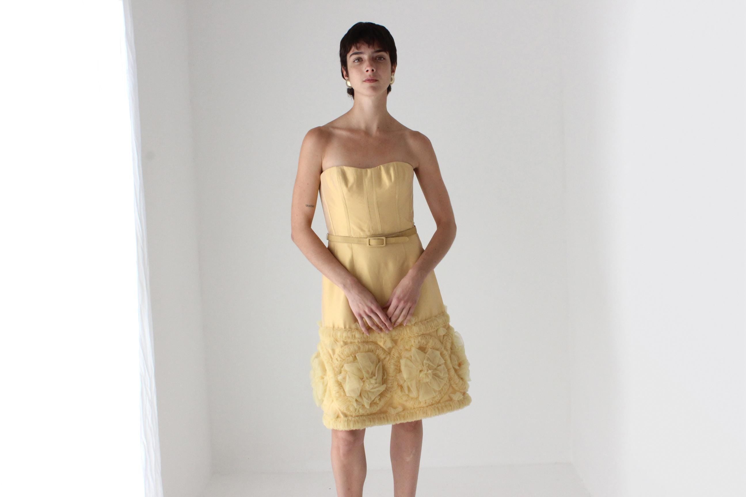 2000s Badgley Mischka Yellow Silk Strapless Bustier Dress w/ 3D Tulle Detailing