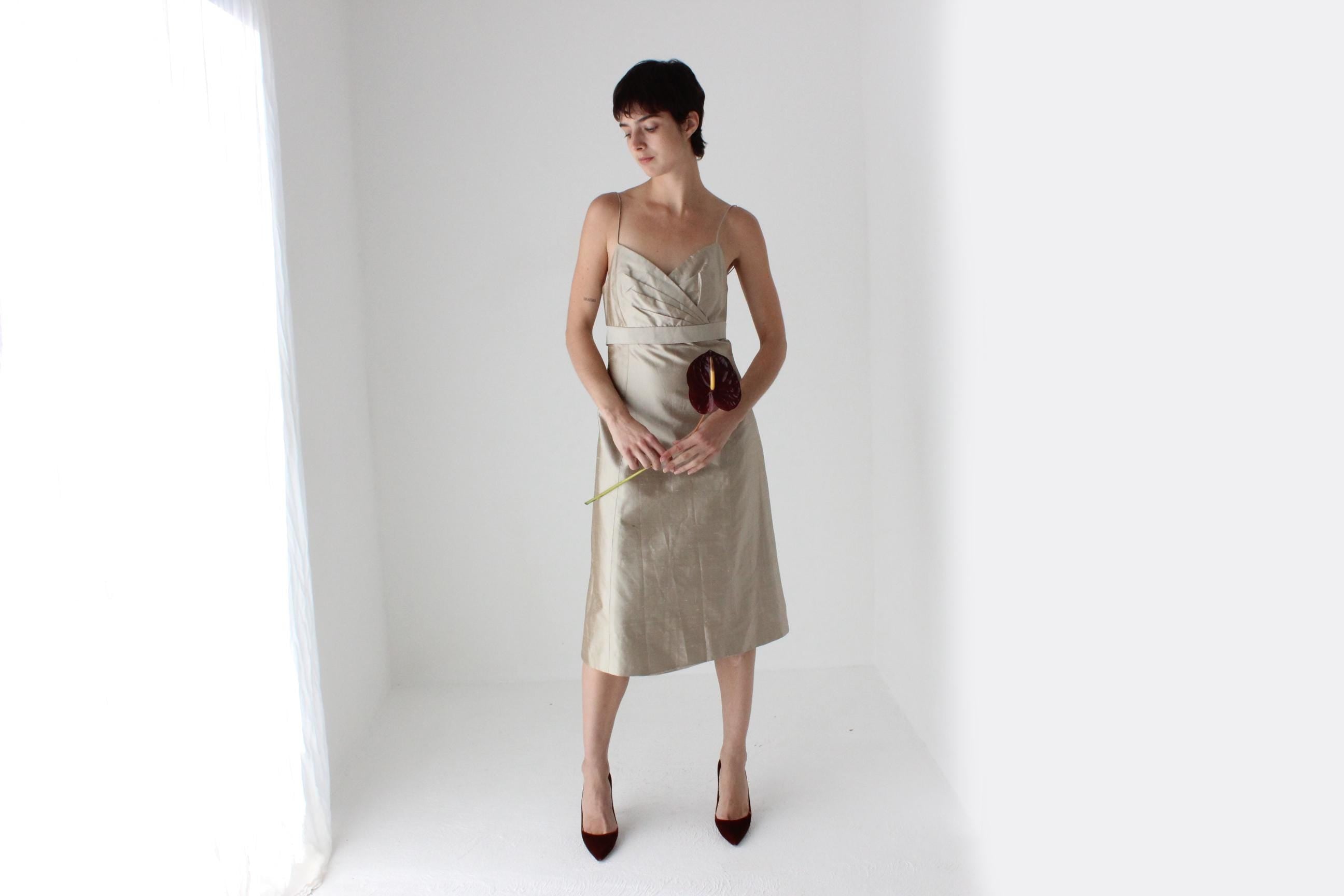 2000s Jenny Yoo Iridescent Raw Silk Neutral Cocktail Dress
