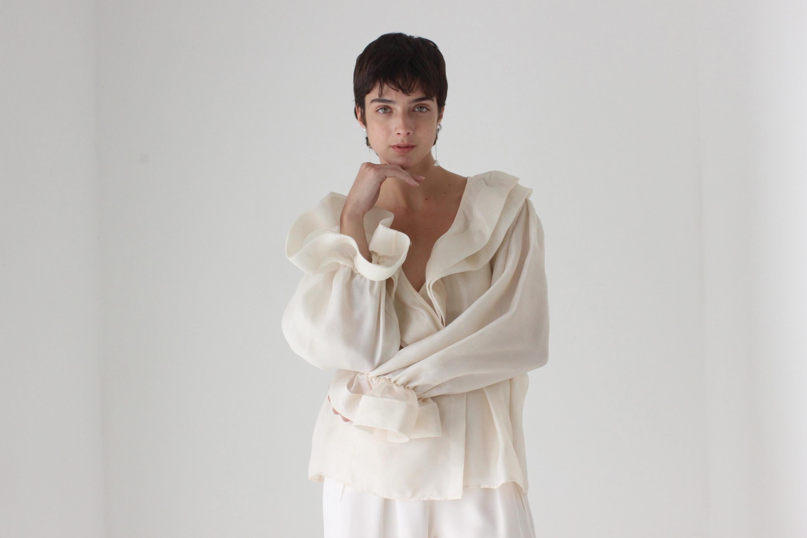 80s OSCAR De La RENTA Sheer Gauze Harlequin Ruffle Blouse