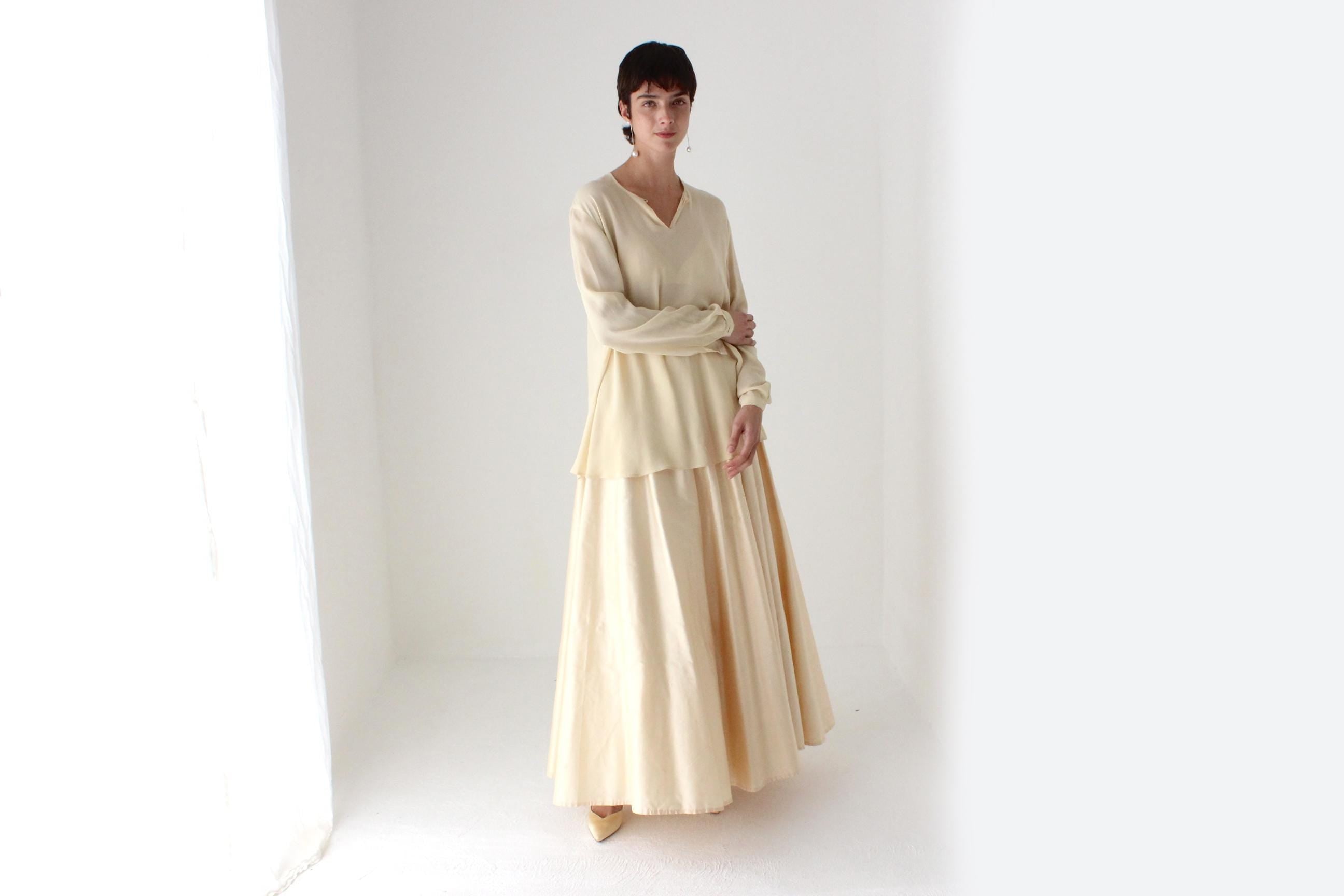 80s Raw Silk Voluminous Buttercream Full Length Bridal Maxi Skirt