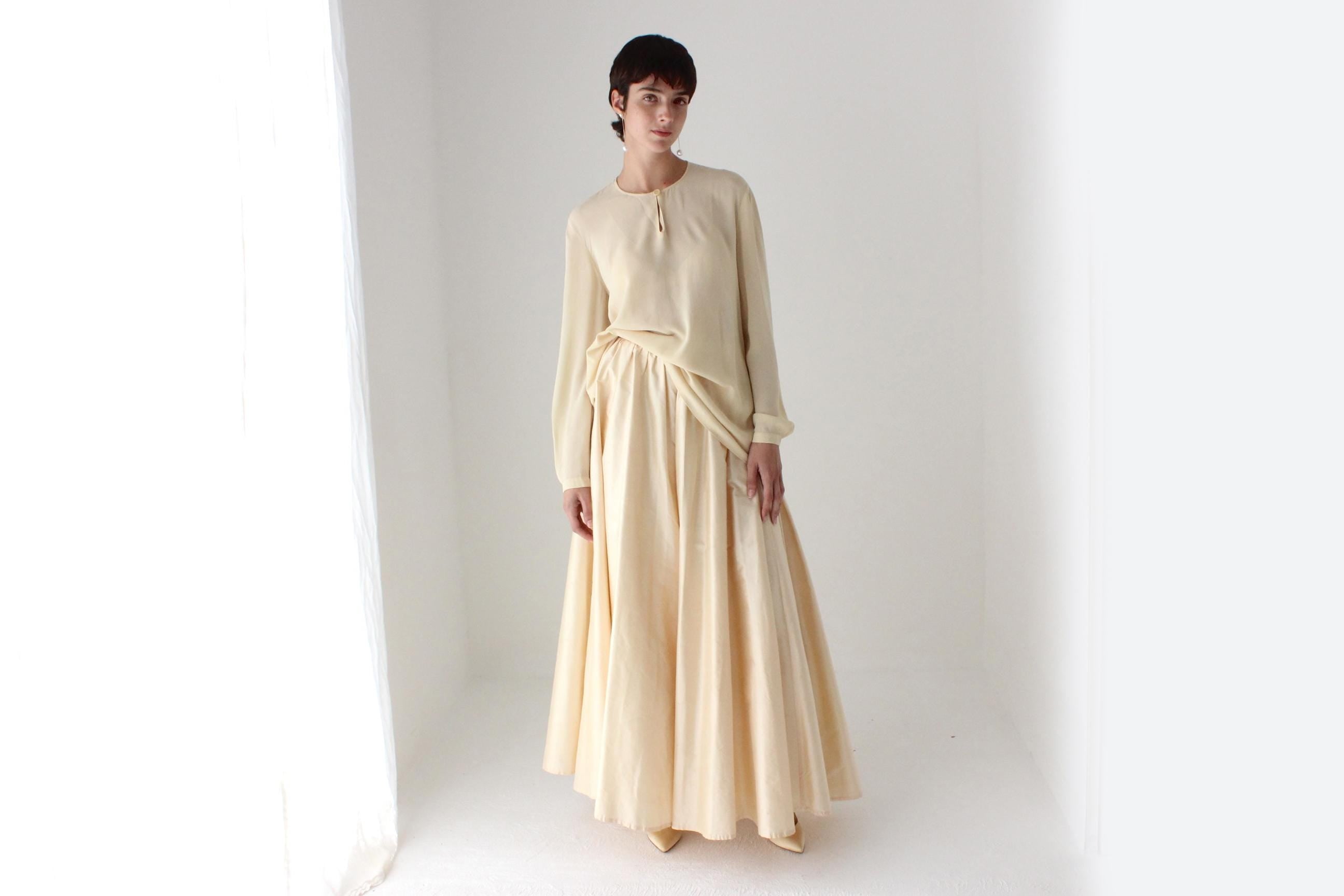 80s Raw Silk Voluminous Buttercream Full Length Bridal Maxi Skirt