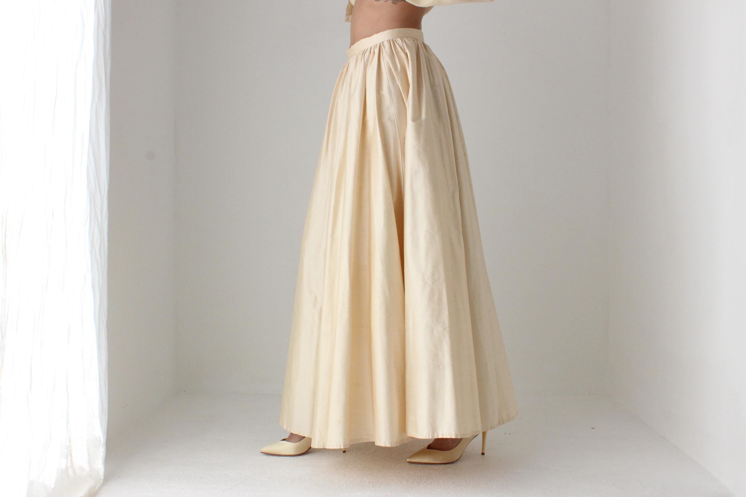 80s Raw Silk Voluminous Buttercream Full Length Bridal Maxi Skirt