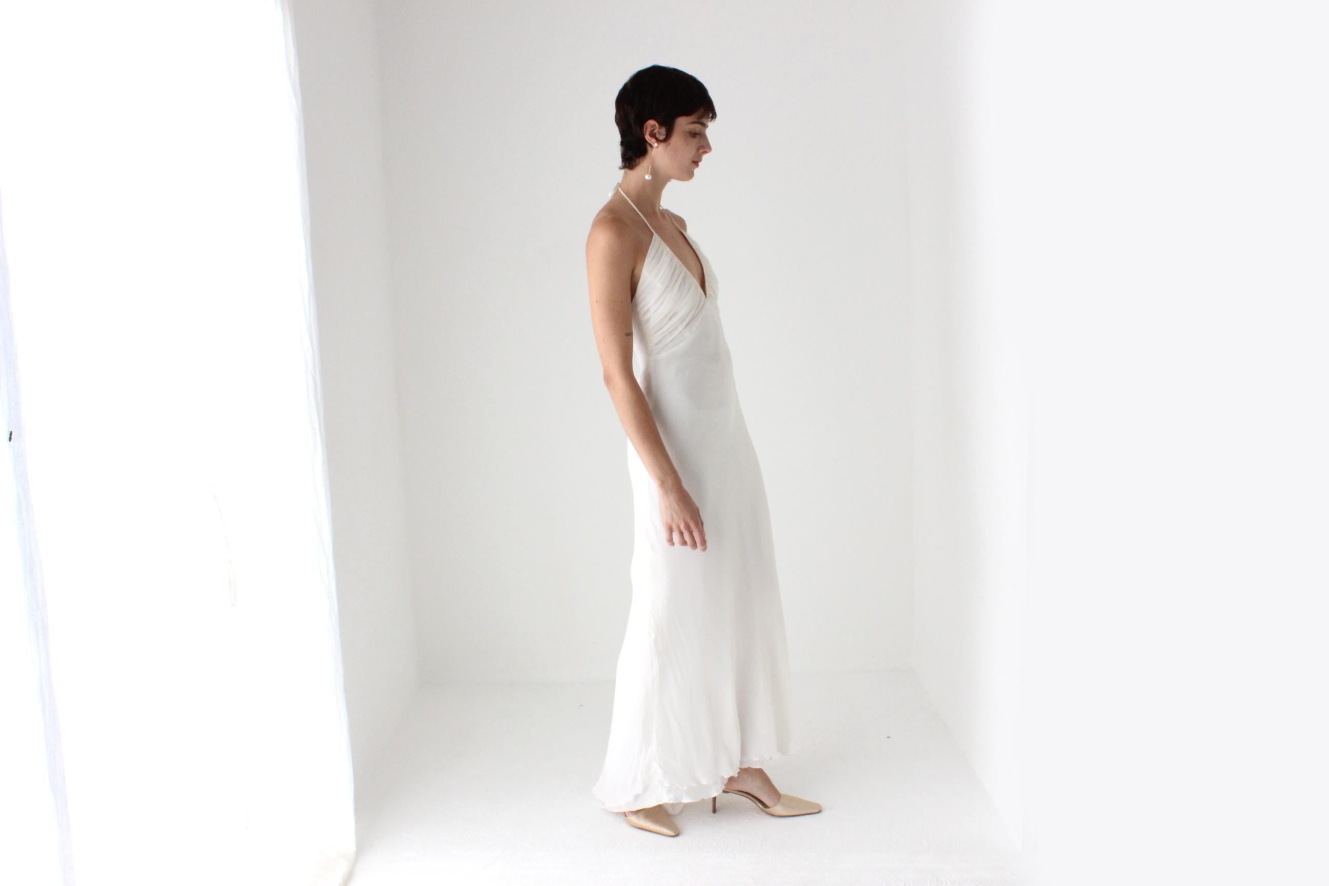 90s Lisa Ho Ivory Silk Georgette Halter Neck Bias Cut Wedding Dress